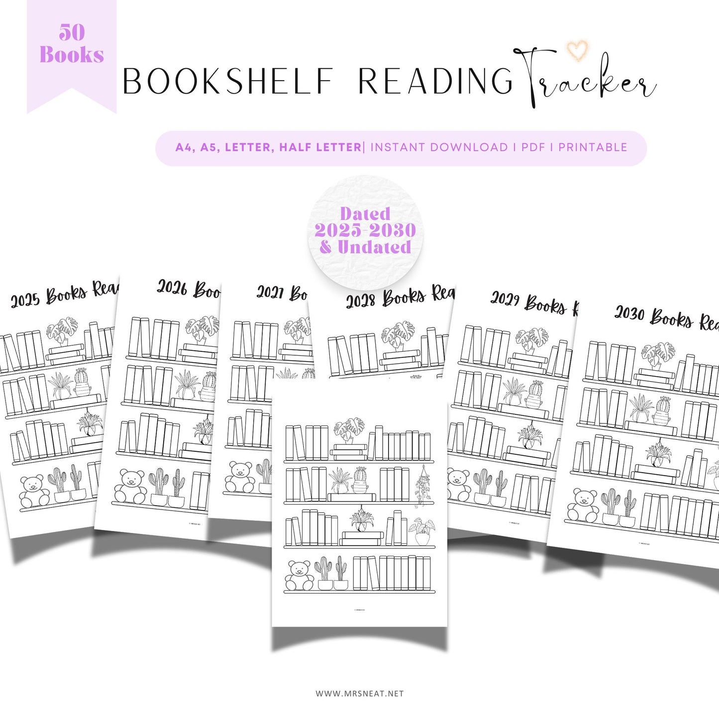 Bookshelf Reading Tracker with multiple years displayed on a white background