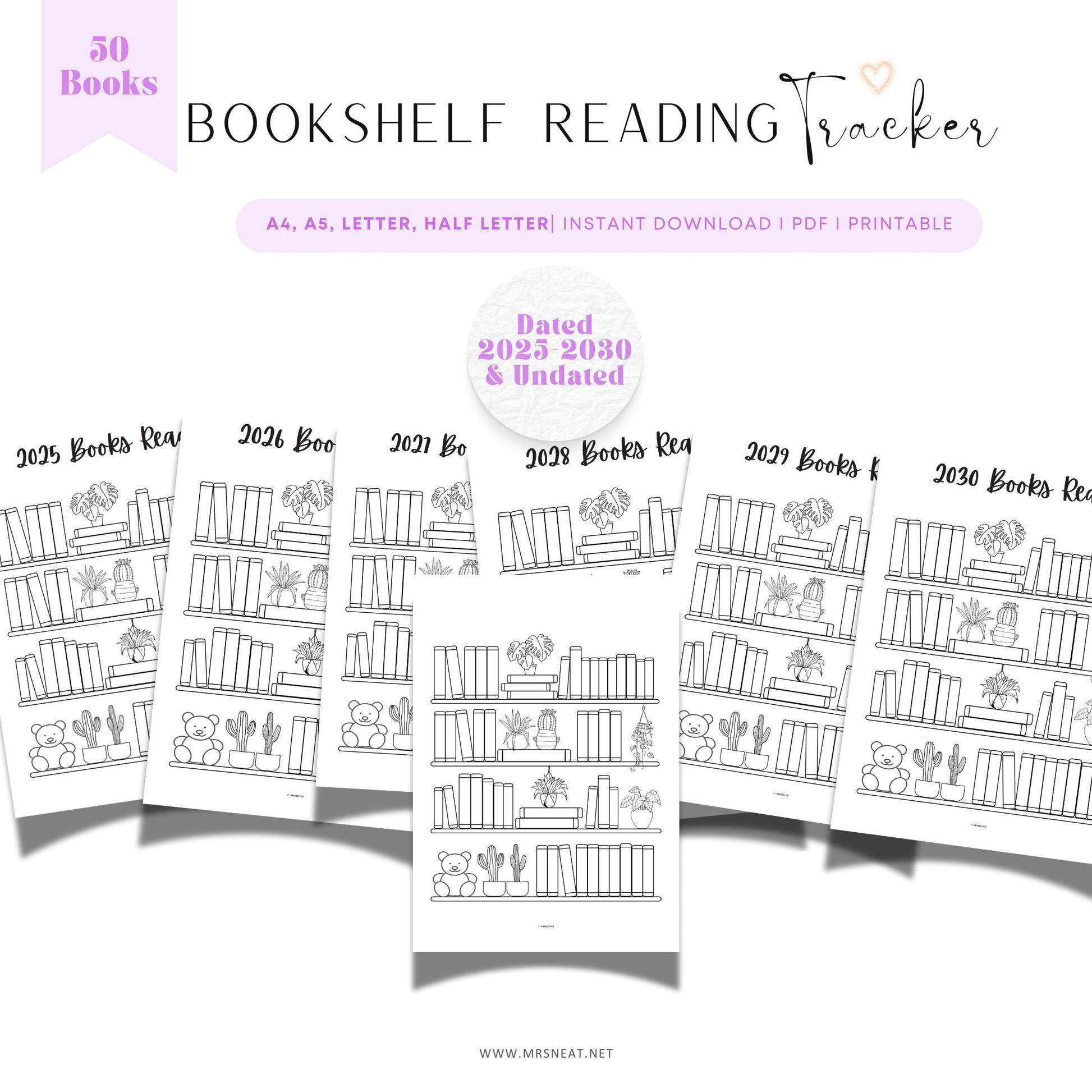 Bookshelf Reading Tracker with multiple years displayed on a white background
