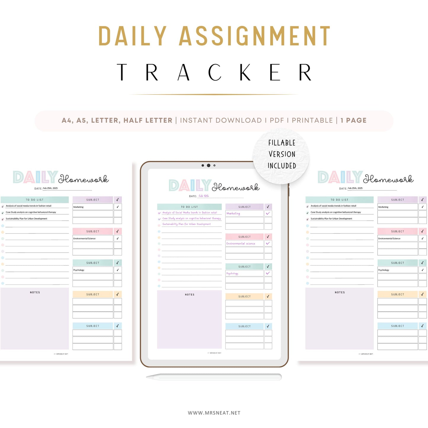 Editable Homework Planner, Printable, Digital, Student Planner, Assignment Checklist, Study Planner, School Tracker Template, PDF, Fillable and Editable, A4, A5, Letter, Half Letter, Printable Planner, Digital Planner