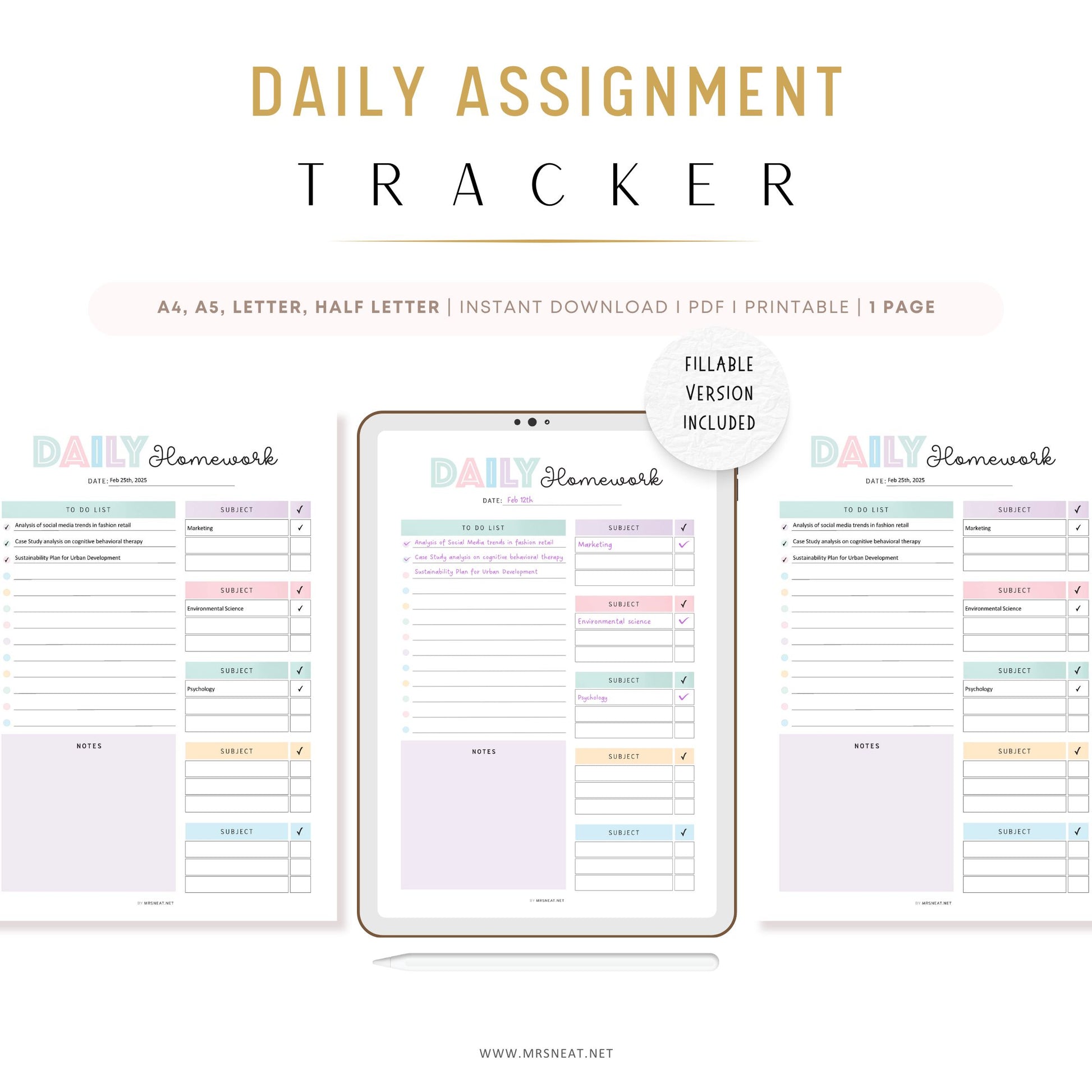 Editable Homework Planner, Printable, Digital, Student Planner, Assignment Checklist, Study Planner, School Tracker Template, PDF, Fillable and Editable, A4, A5, Letter, Half Letter, Printable Planner, Digital Planner