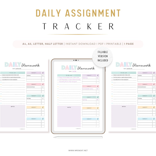 Editable Homework Planner, Printable, Digital, Student Planner, Assignment Checklist, Study Planner, School Tracker Template, PDF, Fillable and Editable, A4, A5, Letter, Half Letter, Printable Planner, Digital Planner