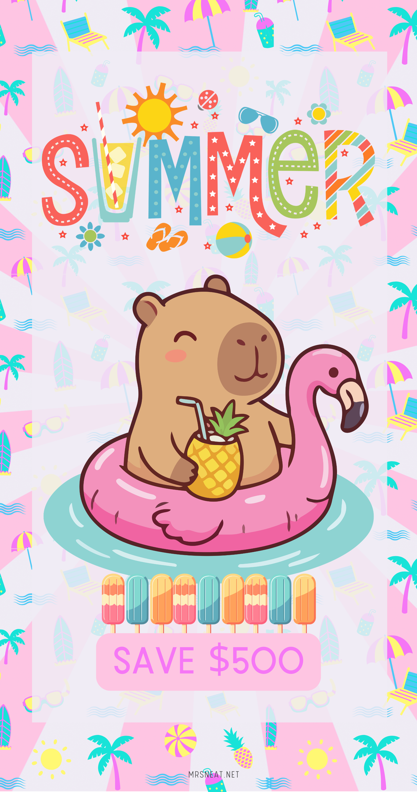 Cartoon bear on a pink flamingo with 'Summer' and 'Save $500' text on a colorful background