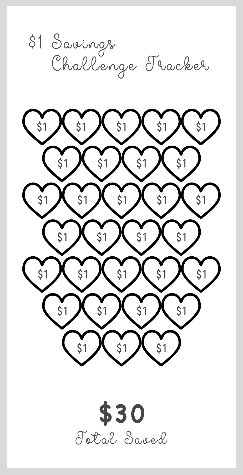 Savings challenge tracker with heart icons and dollar amounts on a white background