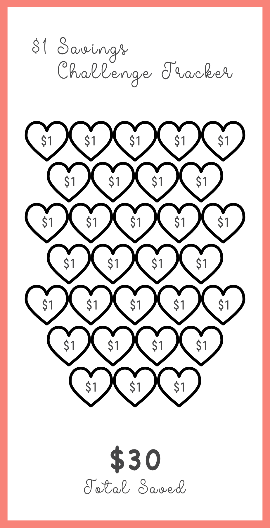 Savings challenge tracker with heart symbols and dollar amounts on a white background.