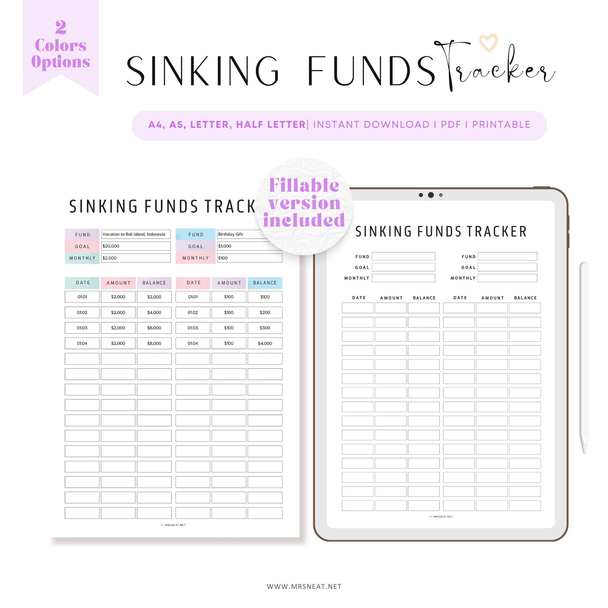 Editable Sinking Funds Tracker, Printable Sinking Funds Tracker, Savings Recorder, Savings Log, Savings Tracker, 2 color options, PDF Fillable, A4, A5, Letter, Half Letter, Printable Planner, Digital Planner