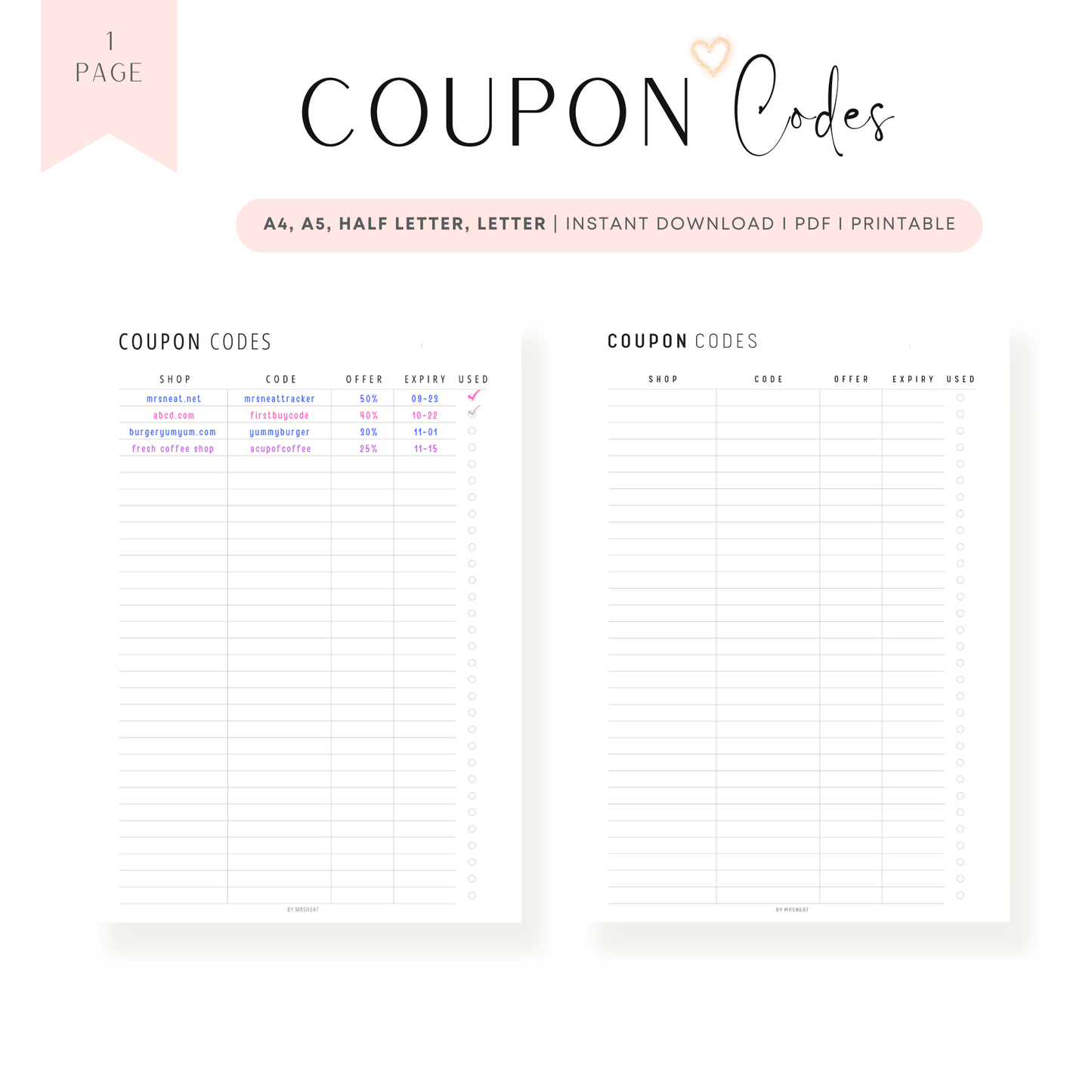 Coupon Code Tracker Printable – mrsneat