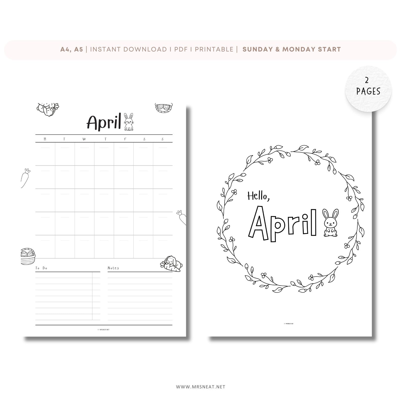 Two printable April calendar pages with a decorative design and grid layout on a white background.