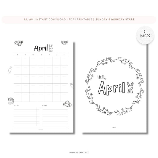 Two printable April calendar pages with a decorative design and grid layout on a white background.