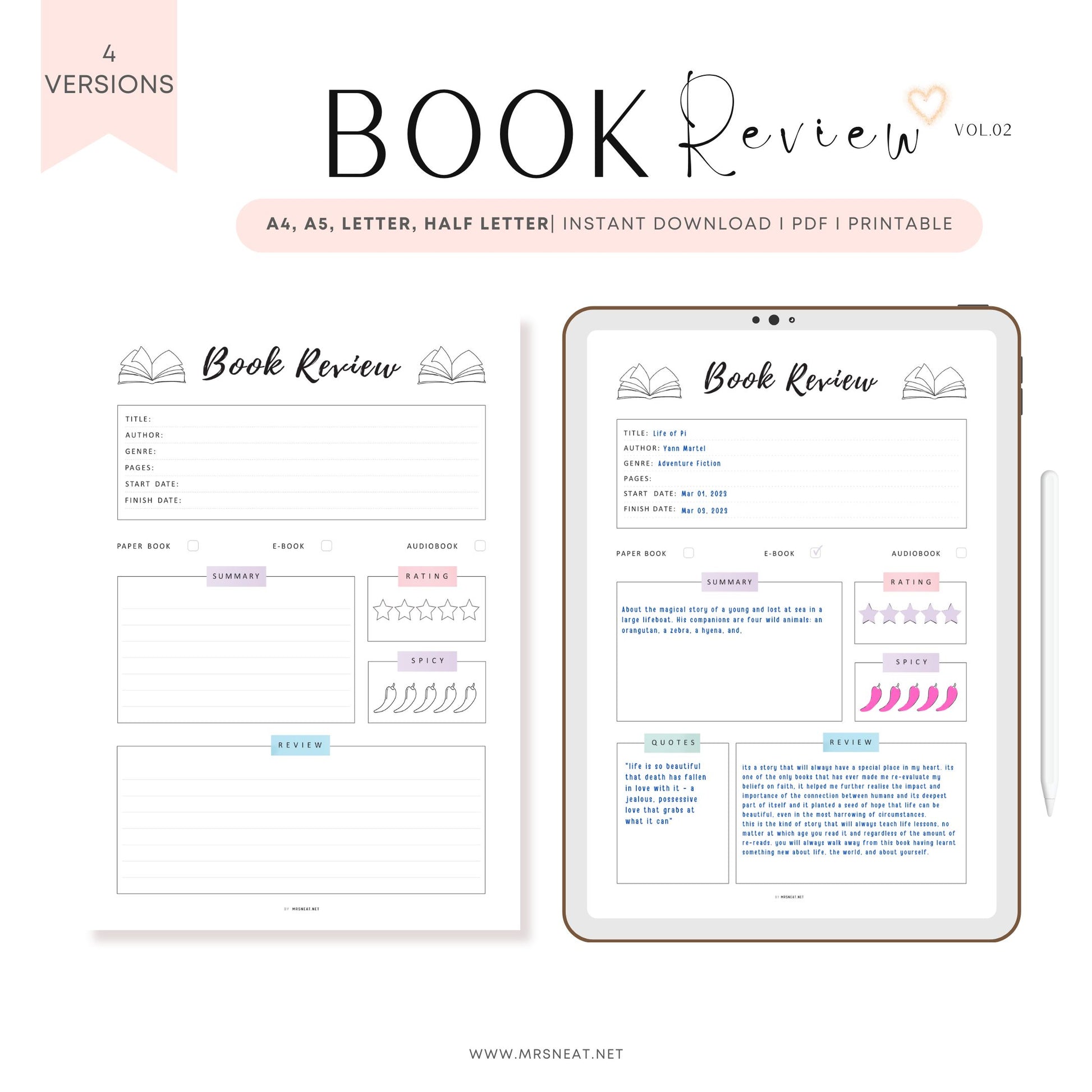 Book Review Template PRINTABLE, Book Review Journal, Book Review Page, Reading Journal Page, 4 Versions, A4, A5, Letter, Half Letter, PDF