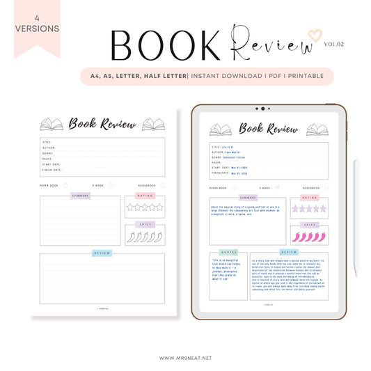 Book Review Template PRINTABLE, Book Review Journal, Book Review Page, Reading Journal Page, 4 Versions, A4, A5, Letter, Half Letter, PDF