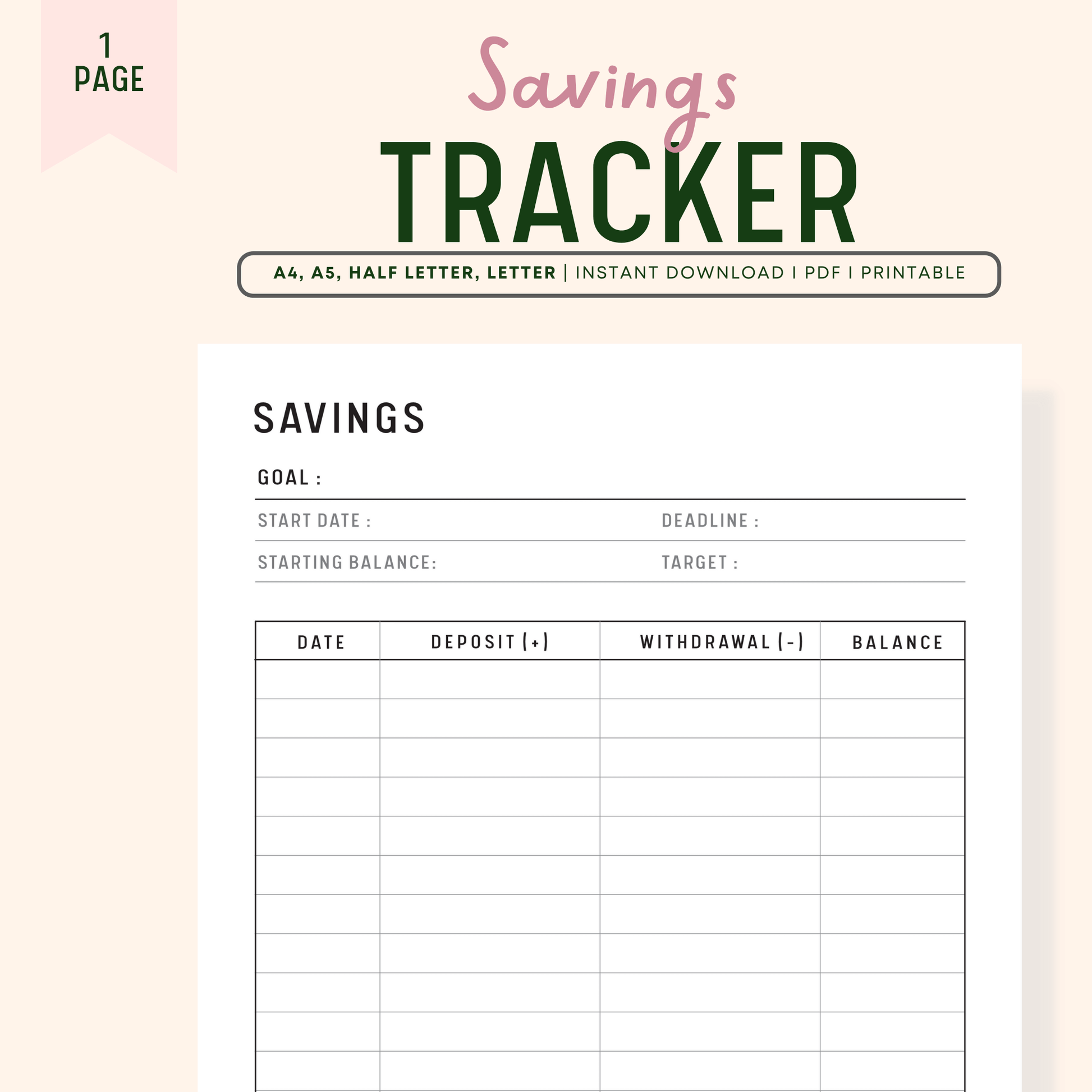 Cute, Beautiful and Minimalist Savings Tracker Printable, Fillable PDF, Digital Planner, A4, A5, Letter, Half Letter