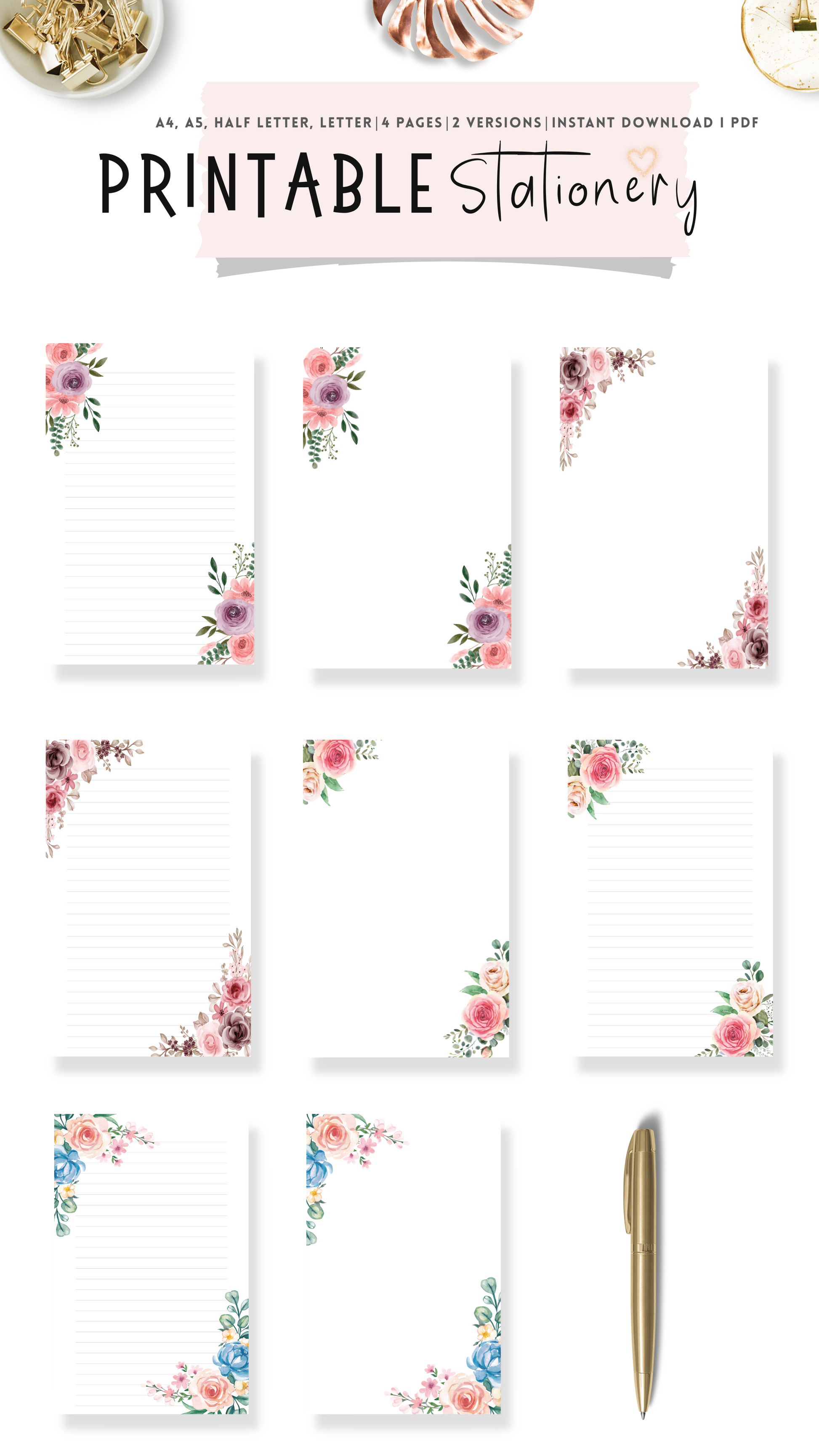 Pink Floral Printable Stationery