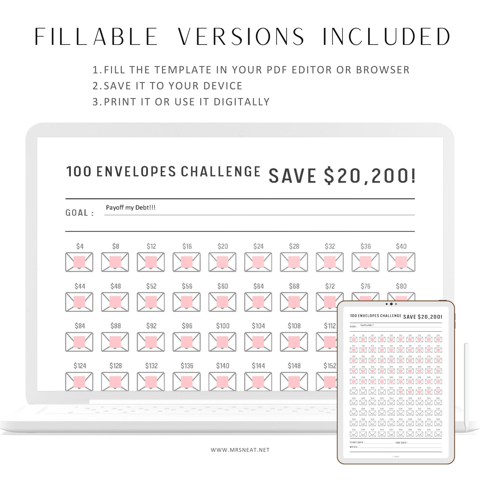 20200 Savings Challenge Printable, Saving Tracker Template, Fillable 100 Envelope Challenge, PDF, A4, Letter, Half Letter, A5