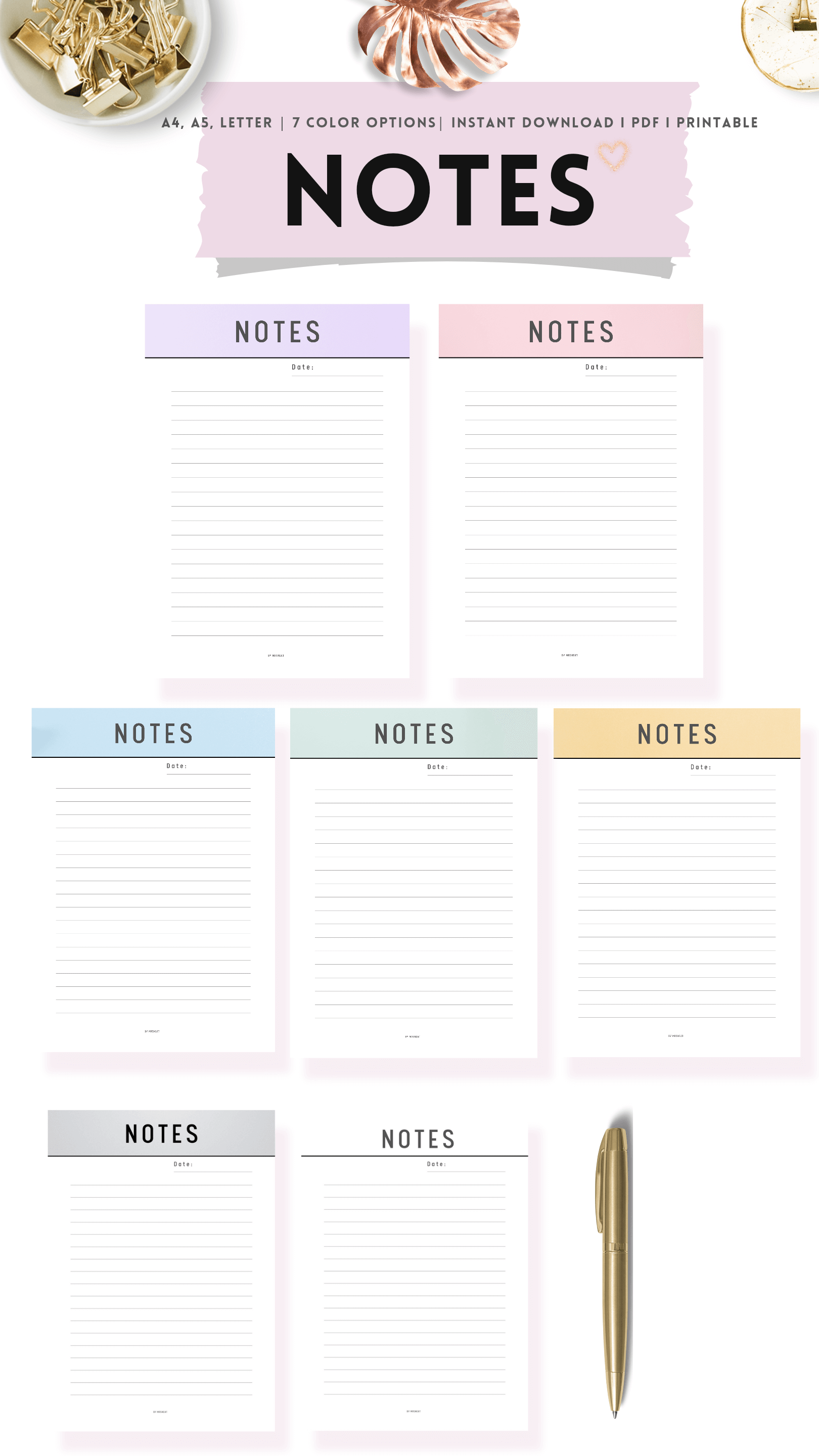 Note Pages Printable, Daily Agenda, Note Taking, Study Notes, Writing Paper, A4, A5, Letter, 7 Color Options