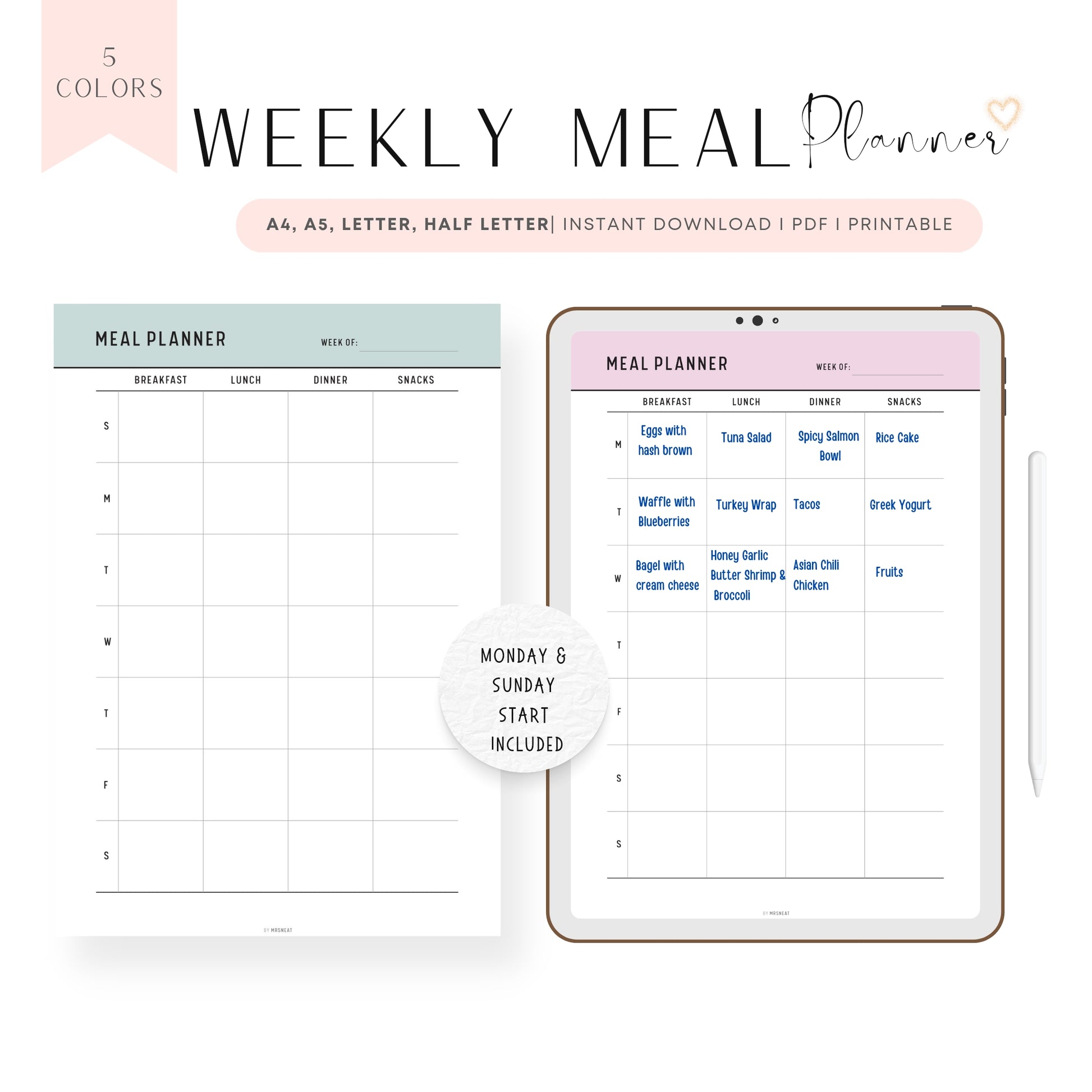 Weekly Meal Planner Template Printable PDF