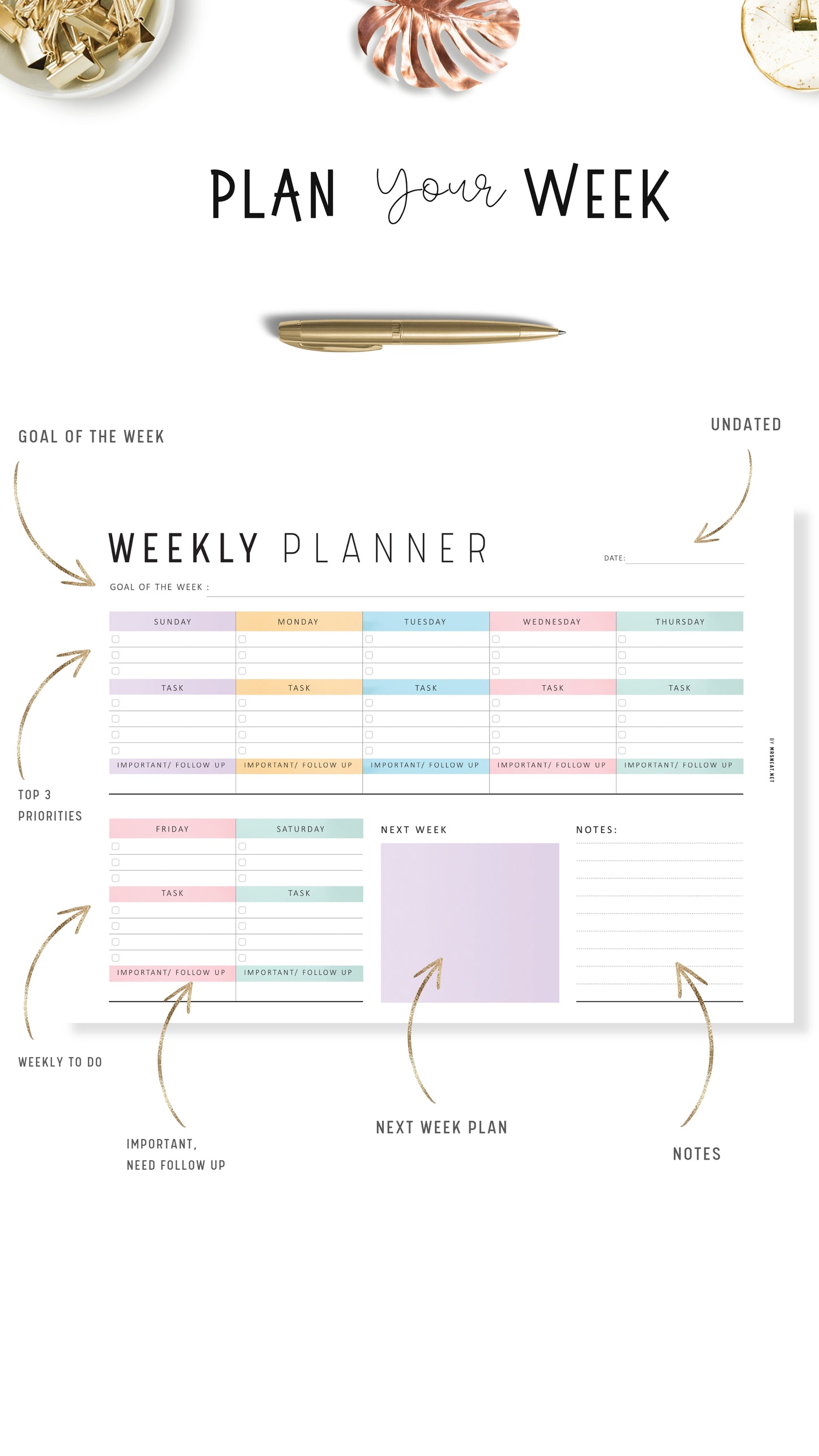 Colorful Printable Weekly Planner Landscape PDF