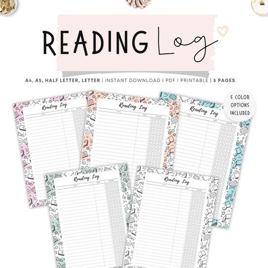 Reading Log Template Printable, 5 colors ; Peach, Green, Blue, Pink, Neutral, 4 sizes ; A4, A5, Letter, Half Letter, Digital Planner