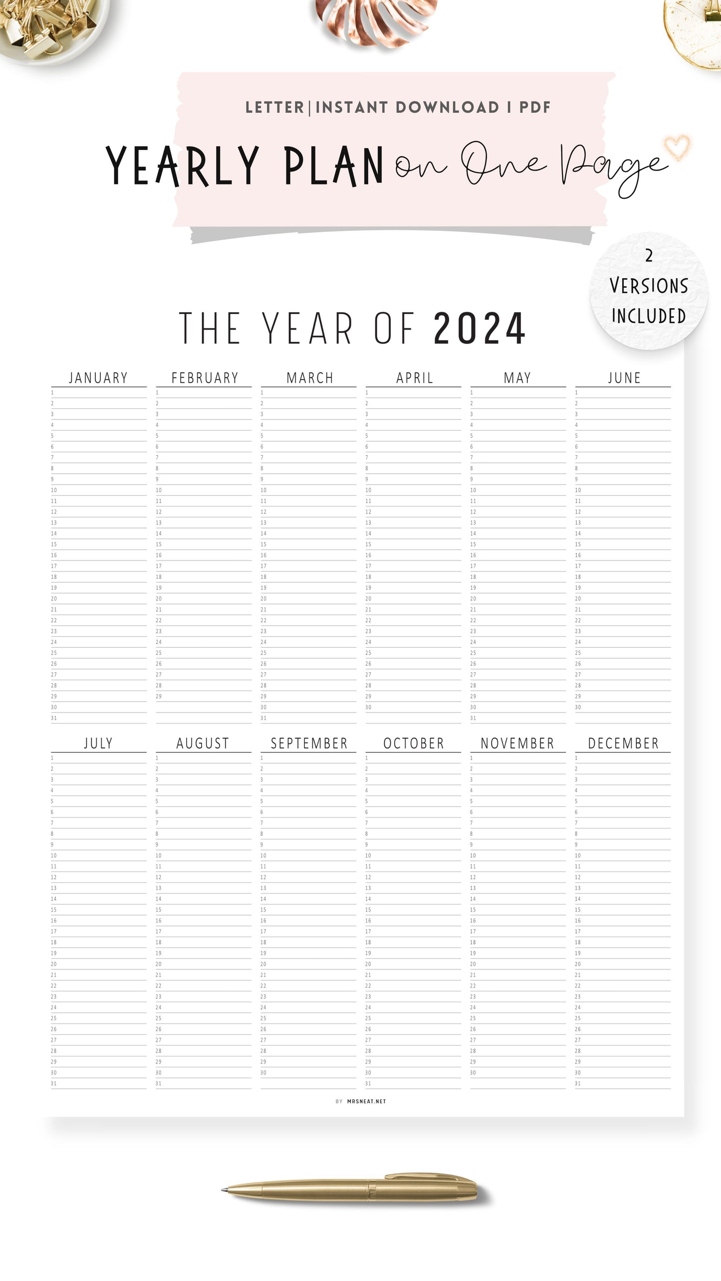 2024 Year at a Glance Template Printable, 365 days on One Page, Year at a Glance Planner Printable, Letter Size, 2 Versions, Blank version, 2024 Version
