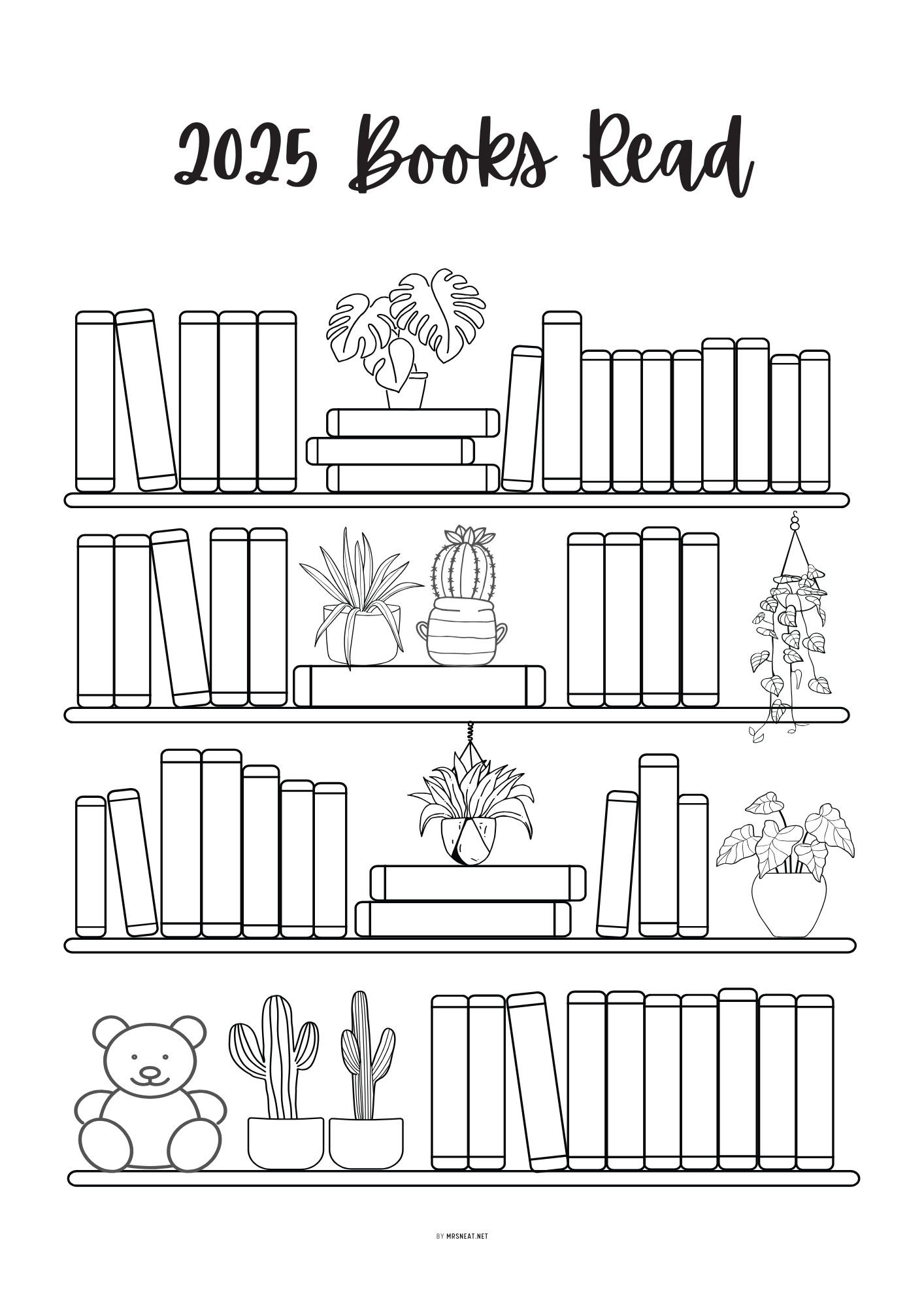 2026 - 2030 Bookshelf Reading Tracker PRINTABLE: 50 Books, A4/A5/Letter/Half Letter (PDF)
