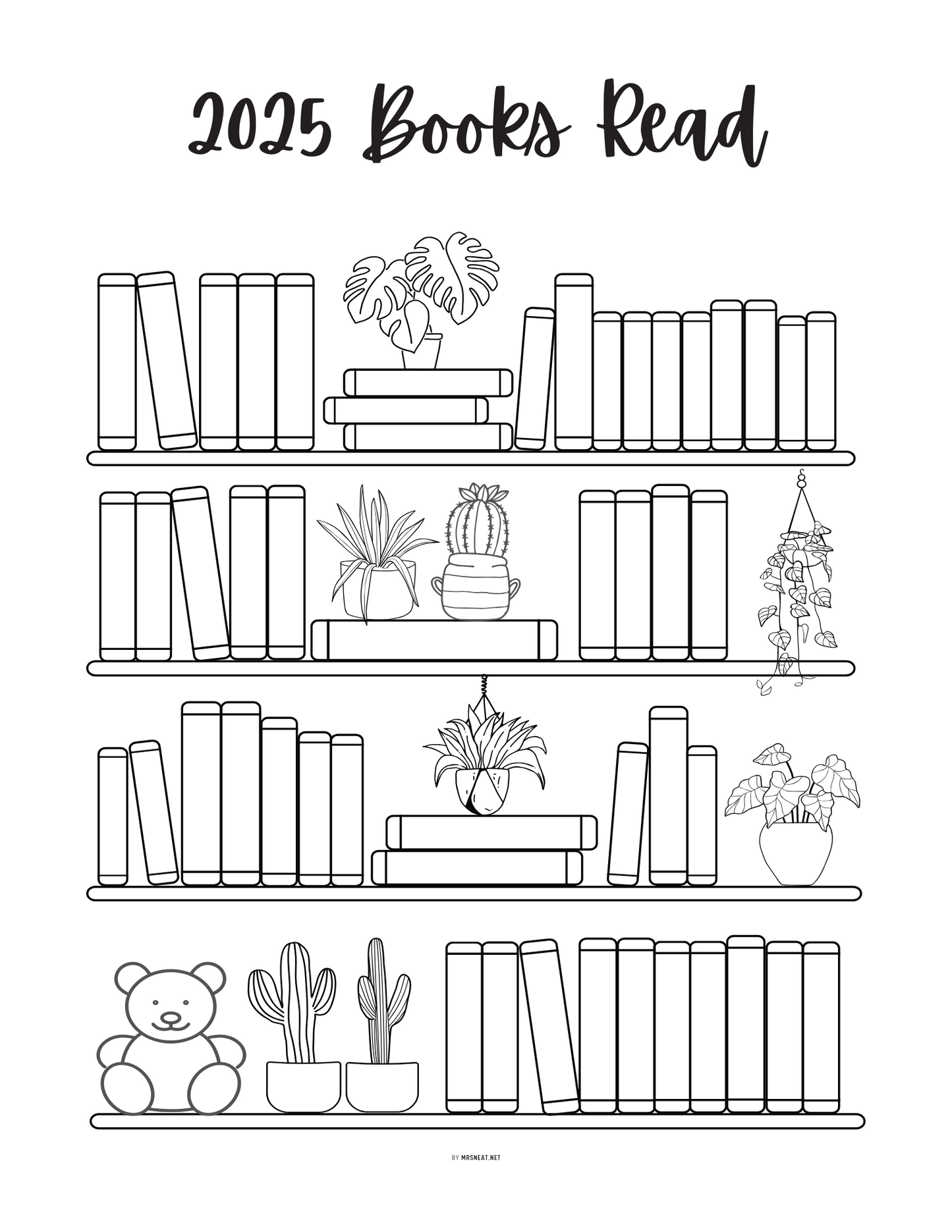 Bookshelf Reading Tracker Printable, 2025 Books Read, 50 Books Read, PDF, A4, A5, Letter, Half Letter, Dated and Undated, 2 Versions