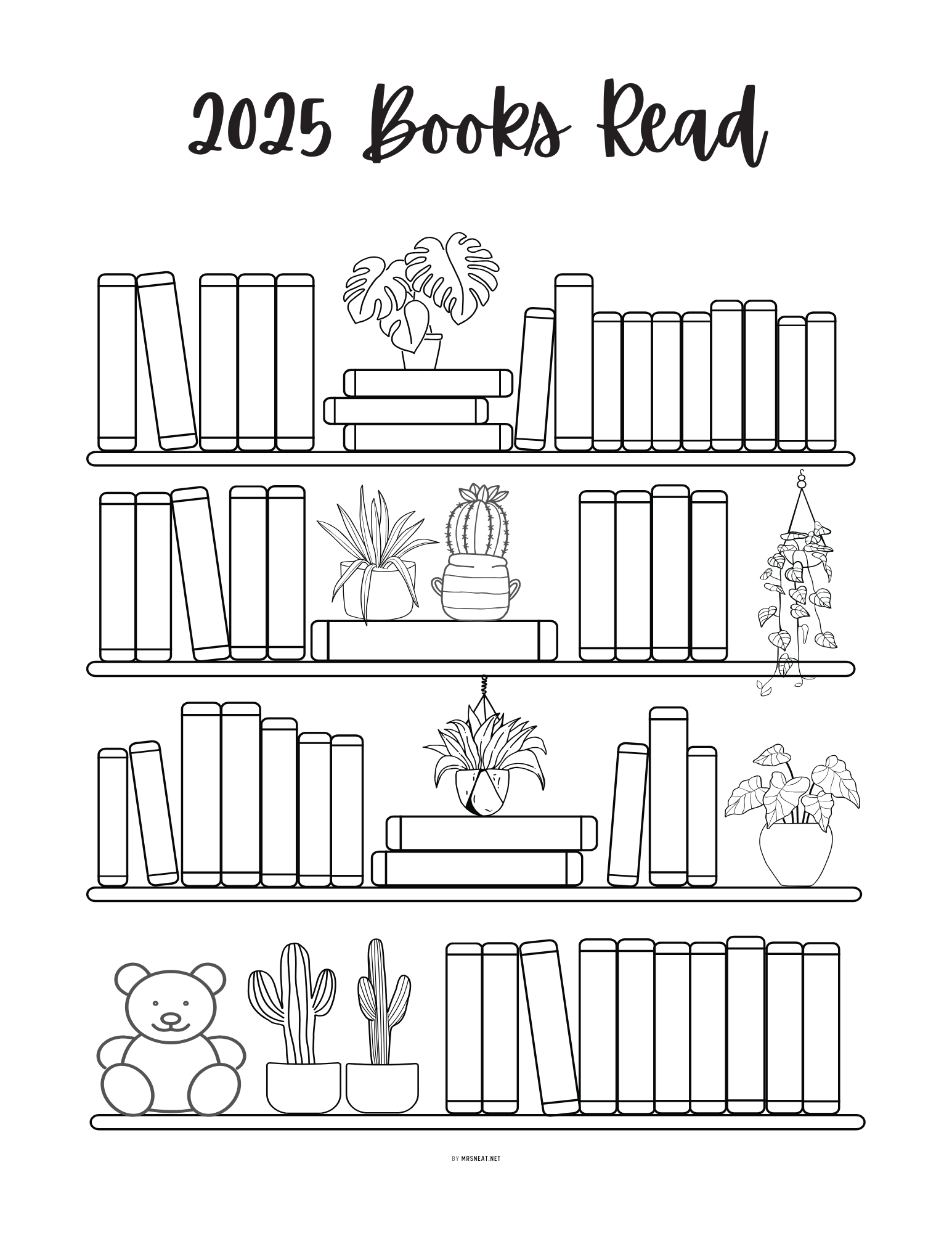 Bookshelf Reading Tracker Printable, 2025 Books Read, 50 Books Read, PDF, A4, A5, Letter, Half Letter, Dated and Undated, 2 Versions