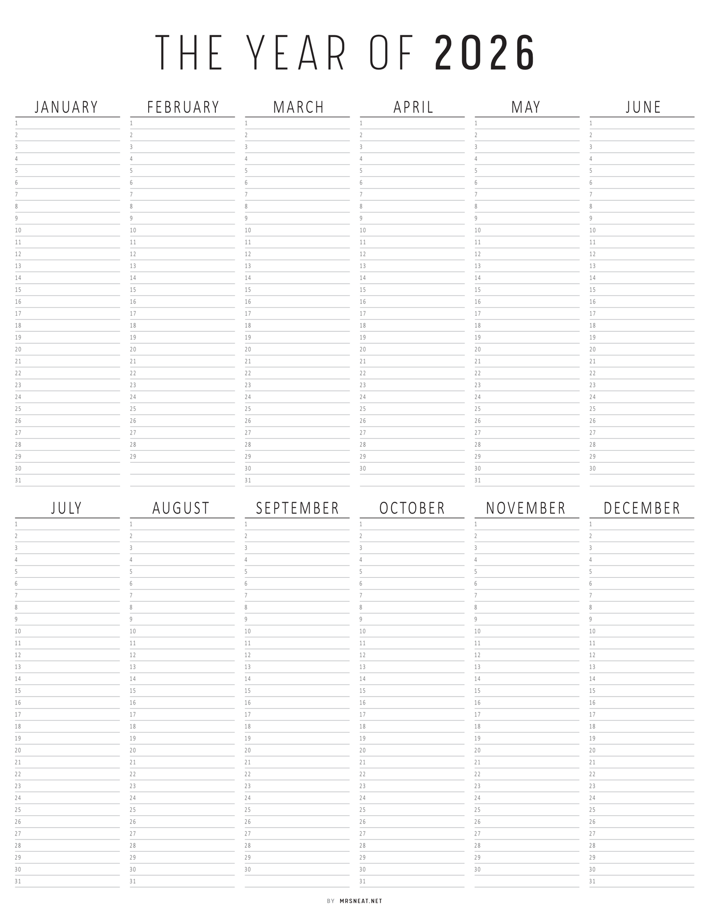 Calendar grid for the year 2026 with monthly headings.