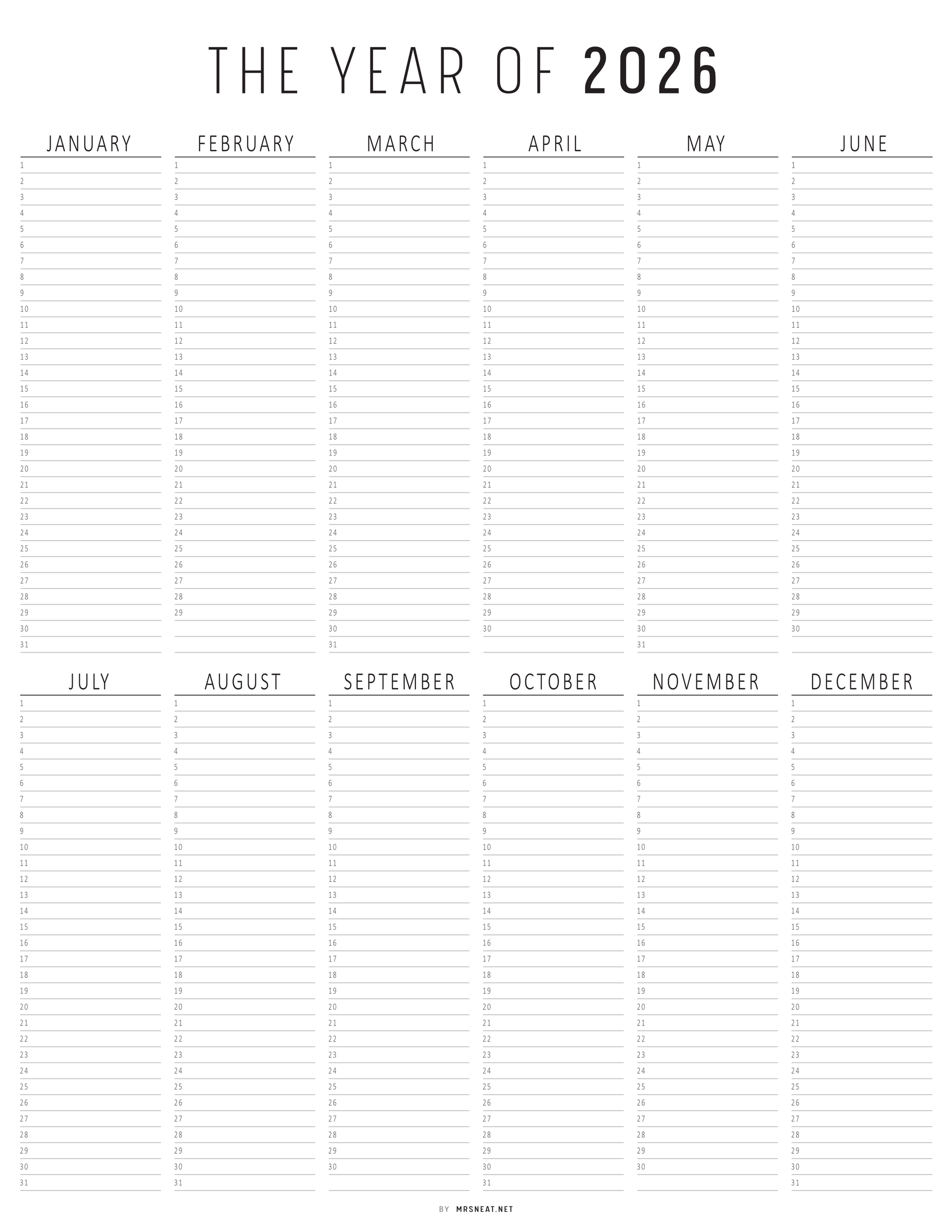 Calendar grid for the year 2026 with monthly headings.