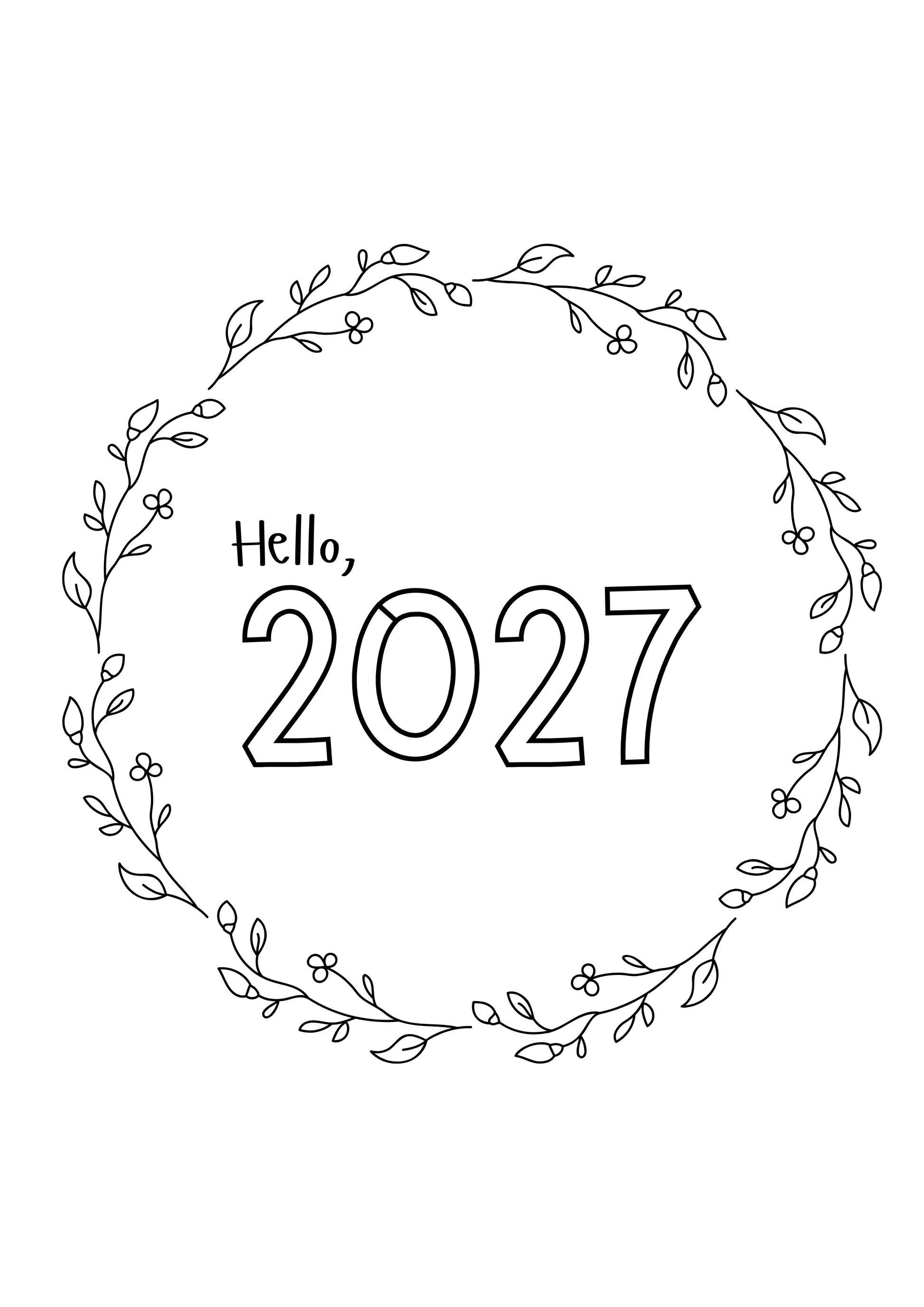 Cover page tracker journal 'Hello, 2027' surrounded by decorative foliage on a white background