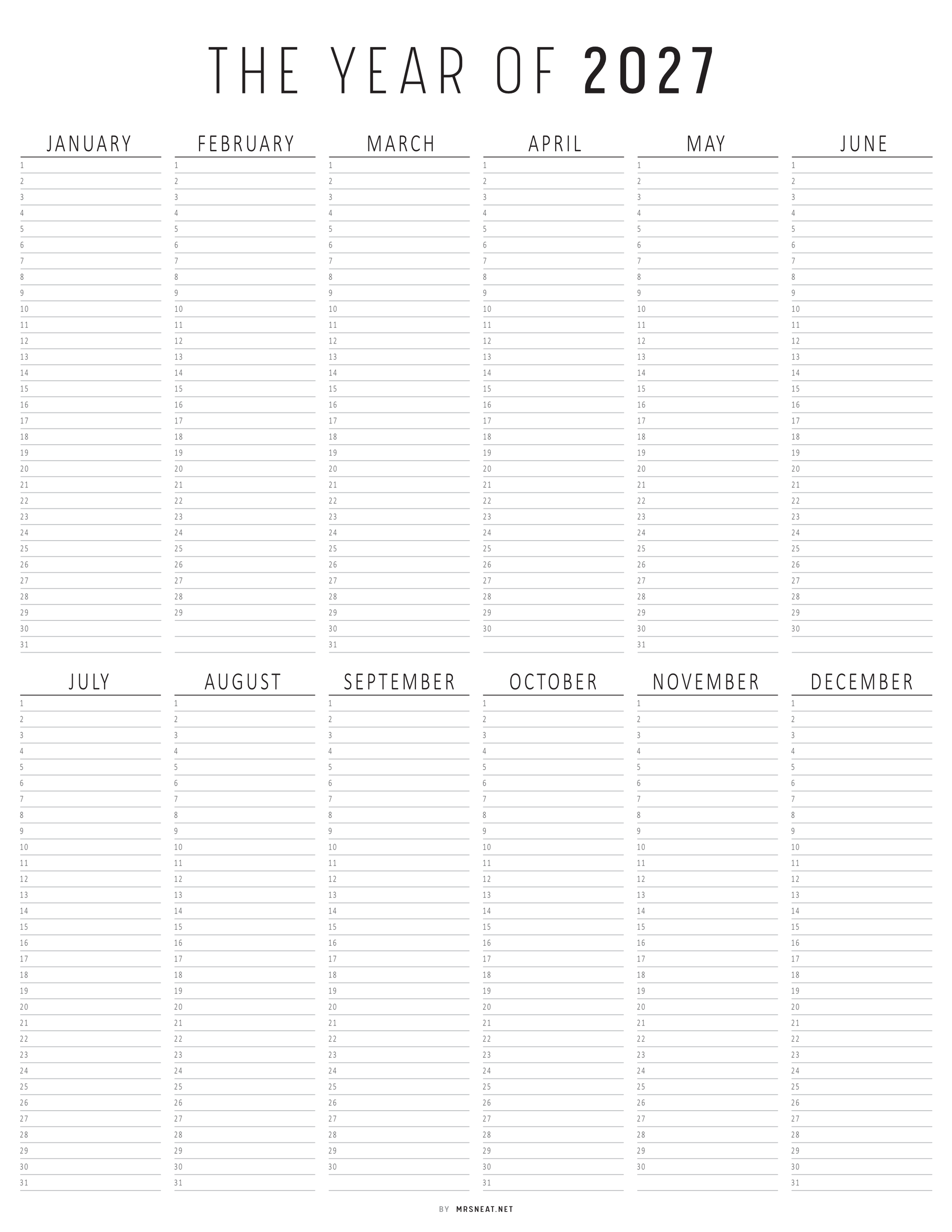 Calendar grid for the year 2027 with monthly headings.