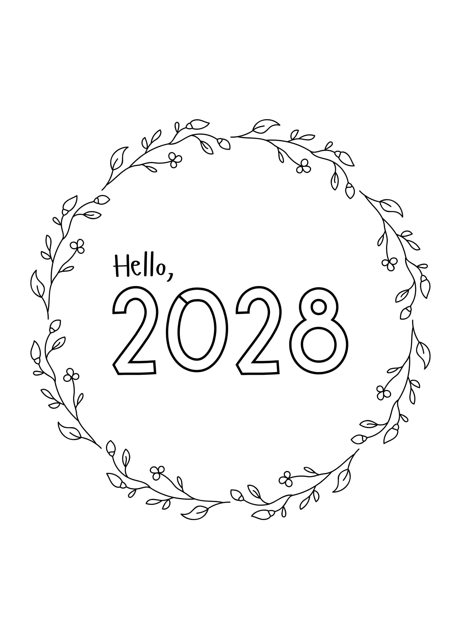 Cover page tracker journal 'Hello, 2028' surrounded by decorative foliage on a white background