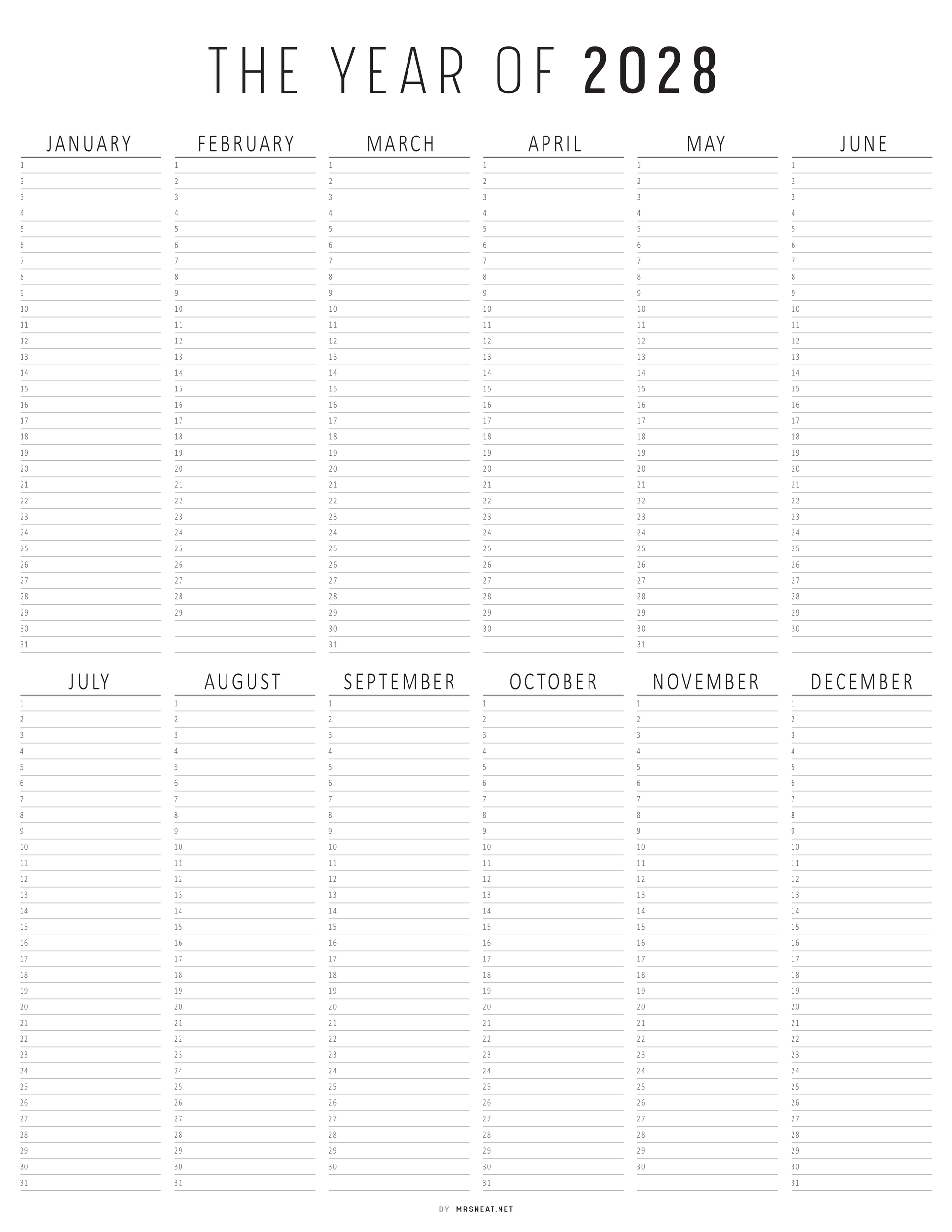 Calendar grid for the year 2028 with monthly headings.