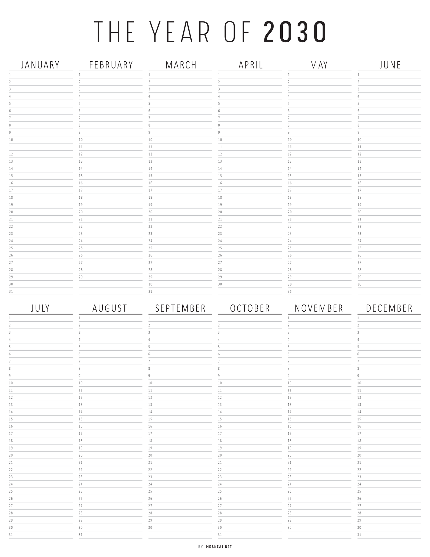 Calendar grid for the year 2030 with monthly headings.