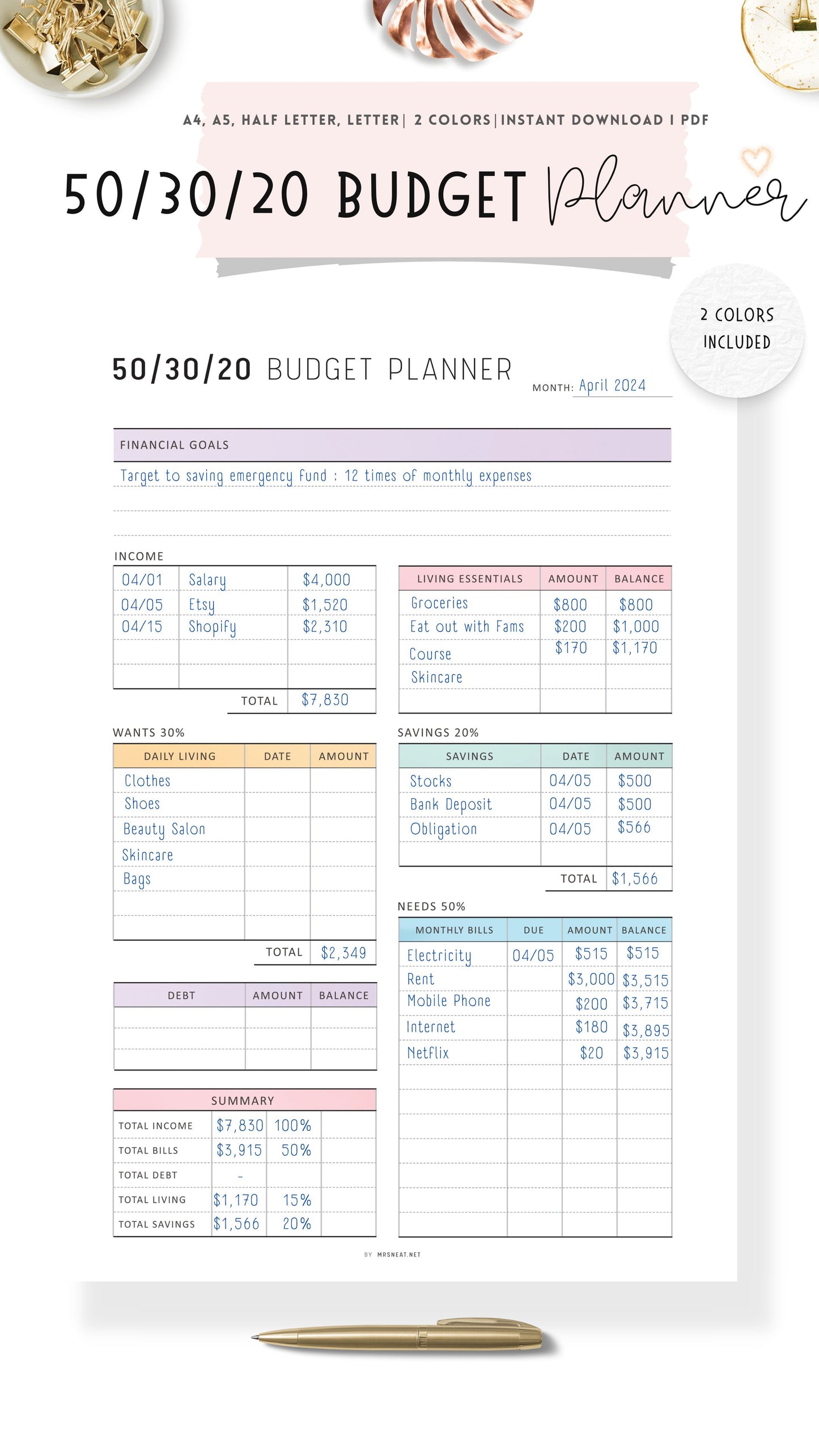 Cute 50/30/20 Budget Tracker Template Printable, Monthly Budget Planner, Colorful Page, Digital Budget Planner, A4, A5, Letter, Half Letter, PDF