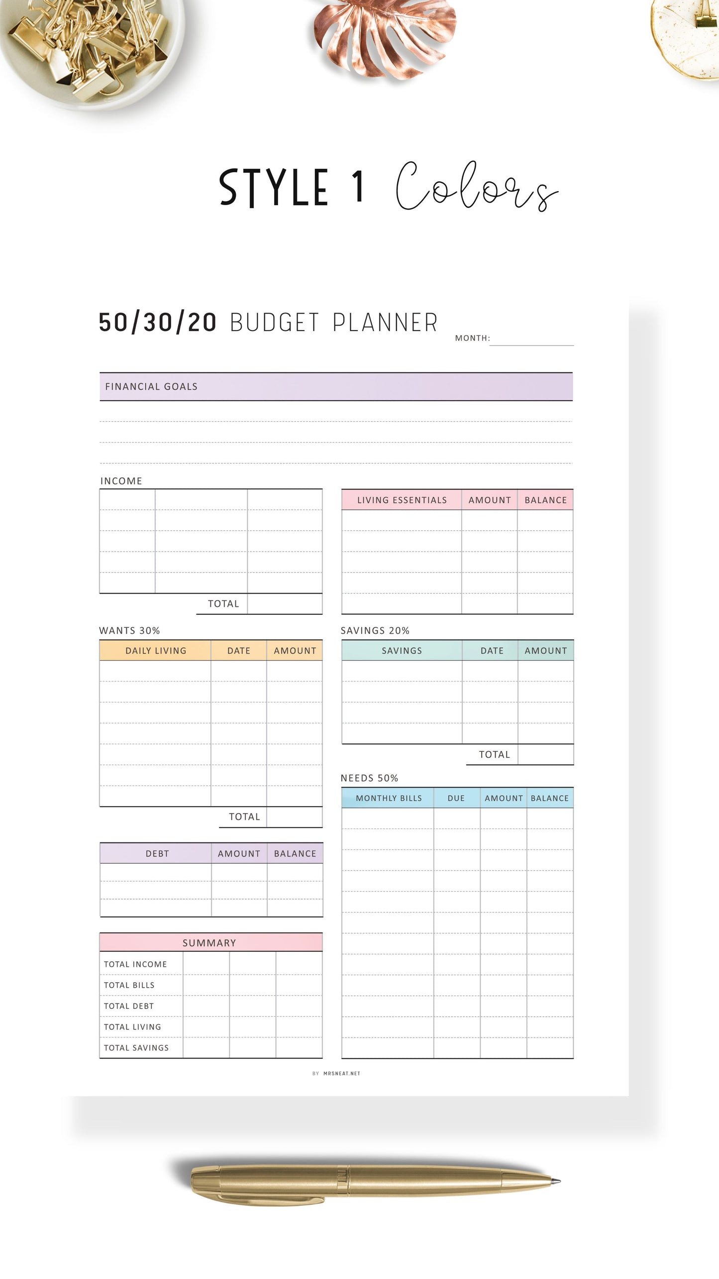 Beautiful 50/30/20 Budget Tracker Template Printable, Monthly Budget Planner, Colorful Page, Digital Budget Planner, A4, A5, Letter, Half Letter, PDF