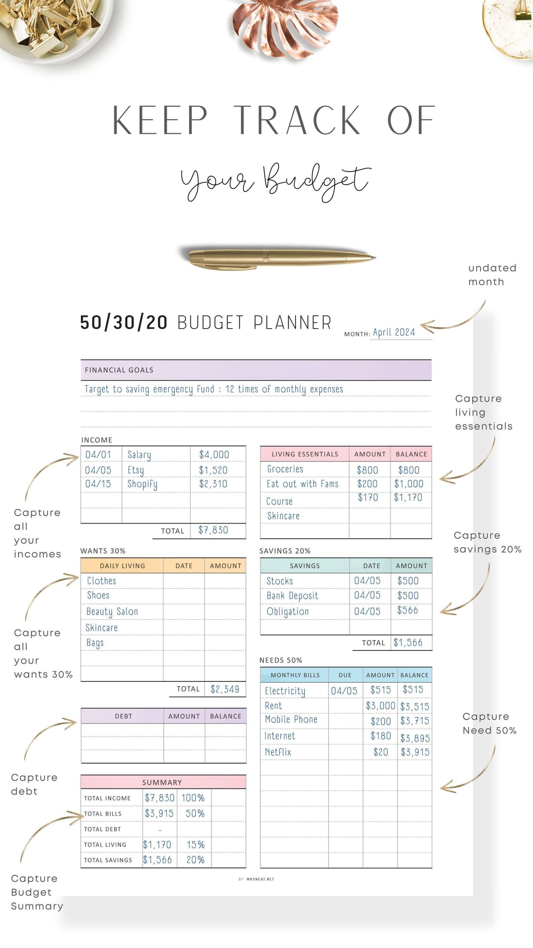 50/30/20 Budget Template Printable