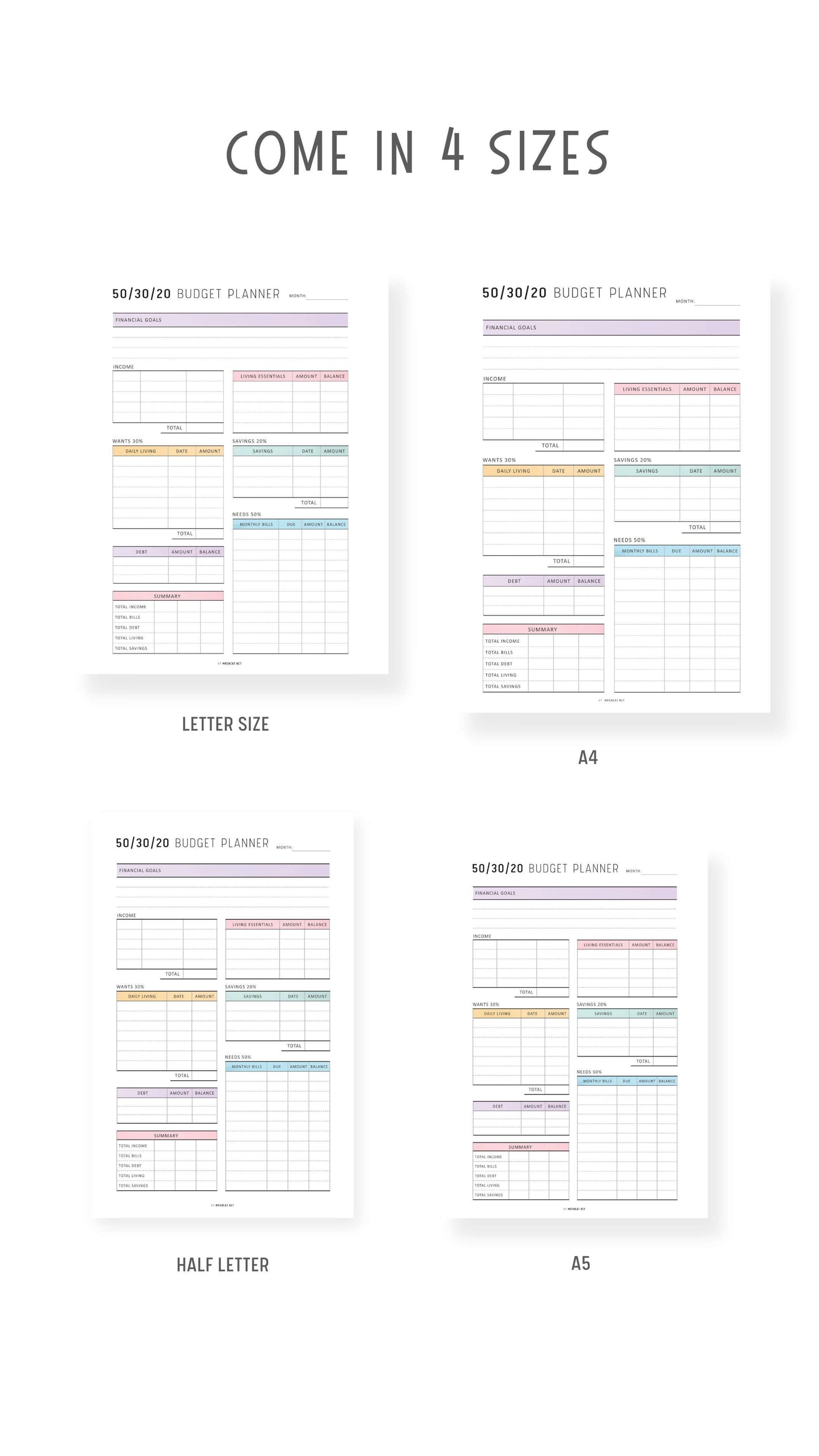 50/30/20 Budget Tracker Template Printable, Monthly Budget Planner, Colorful Page, Digital Budget Planner, A4, A5, Letter, Half Letter, PDF