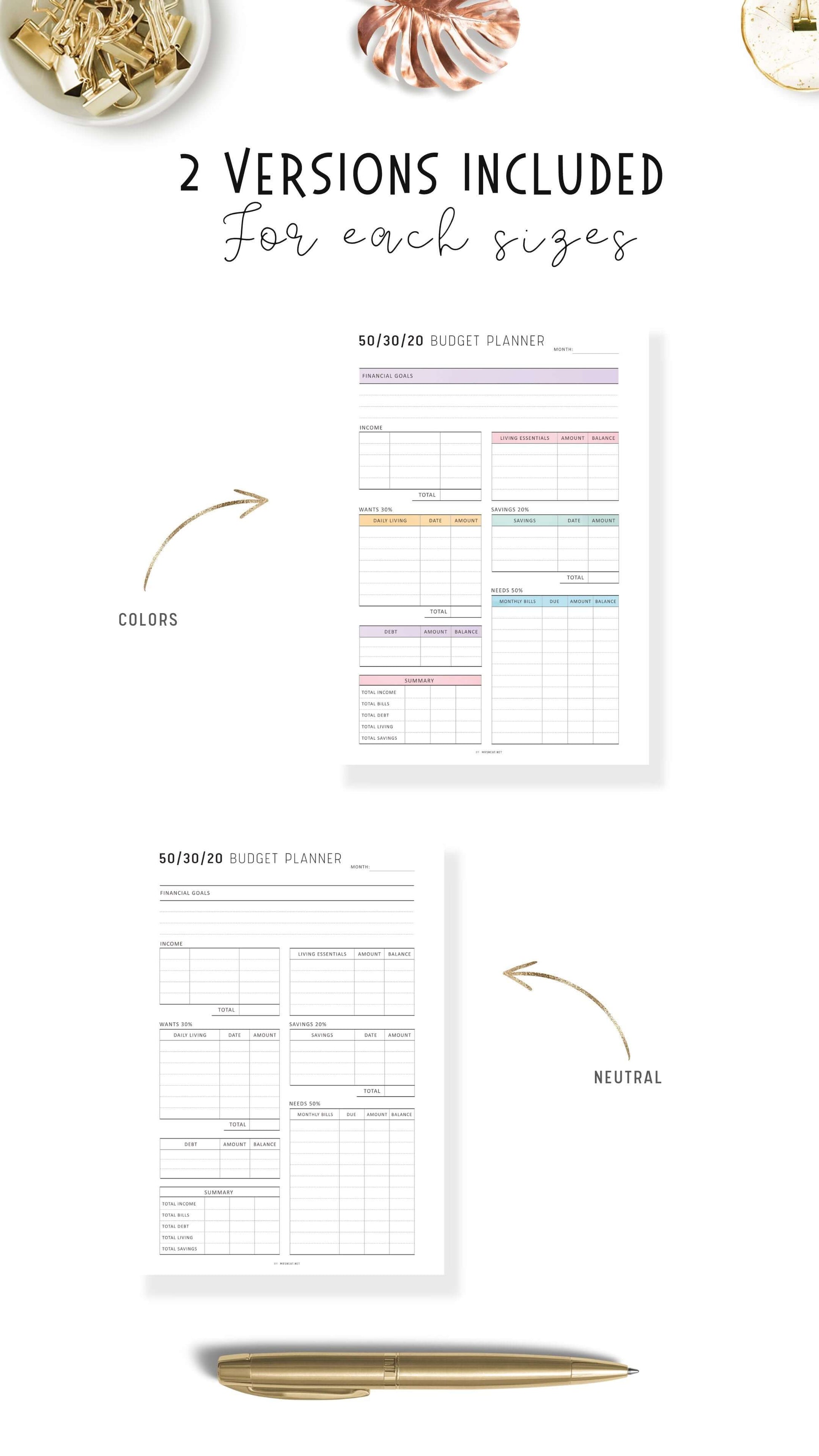 50/30/20 Budget Tracker Template Printable, Monthly Budget Planner, Colorful Page, Minimalist Page, Digital Budget Planner, A4, A5, Letter, Half Letter, PDF