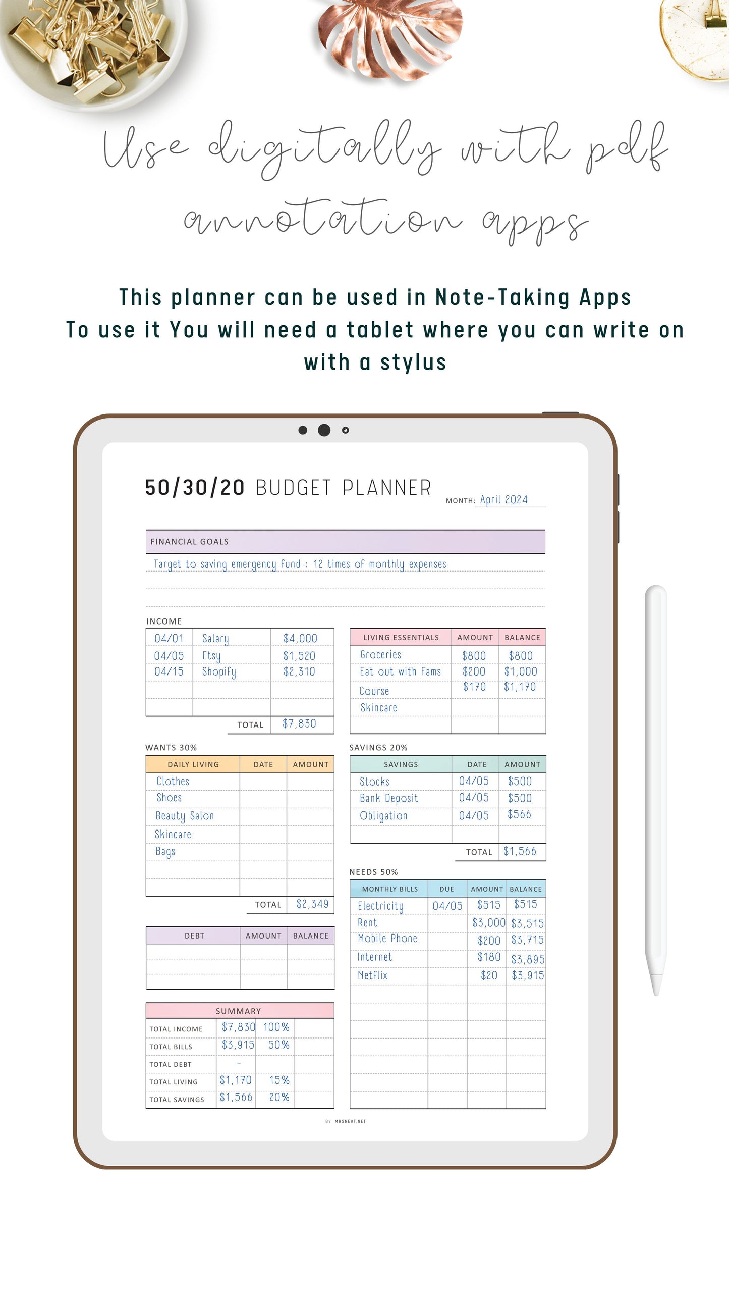 Digital 50/30/20 Budget Tracker Template Printable, Monthly Budget Planner, Colorful Page, Digital Budget Planner, A4, A5, Letter, Half Letter, PDF
