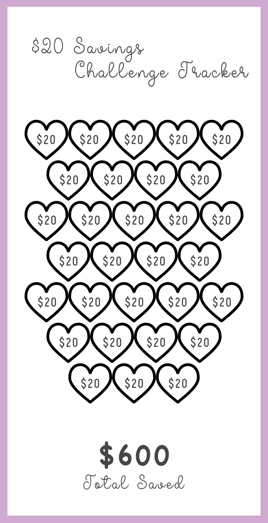 Savings challenge tracker with heart shapes and dollar amounts on a purple background