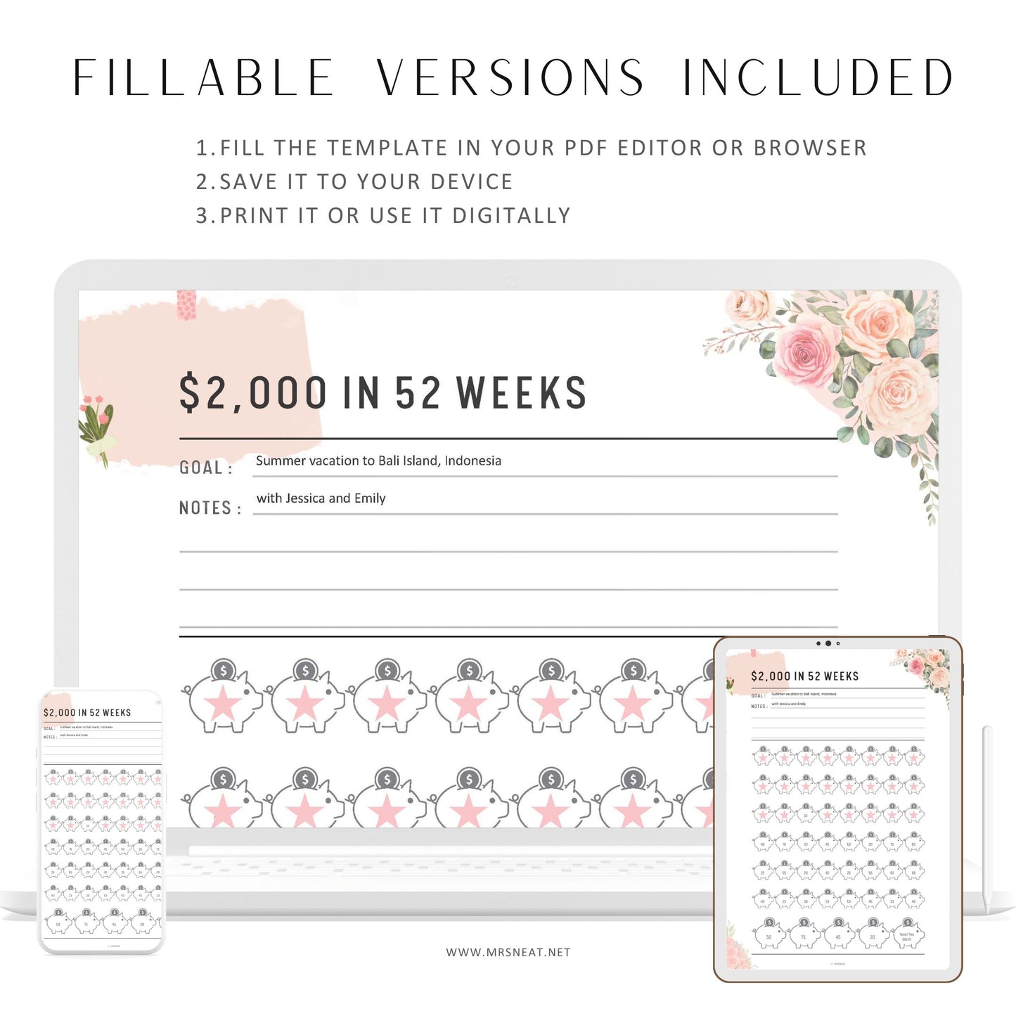 Floral 2000 Money Saving Challenge Printable, Fillable Saving Challenge in 52 Weeks, 52 Weeks Savings Challenge, A4, A5, Letter, Half Letter