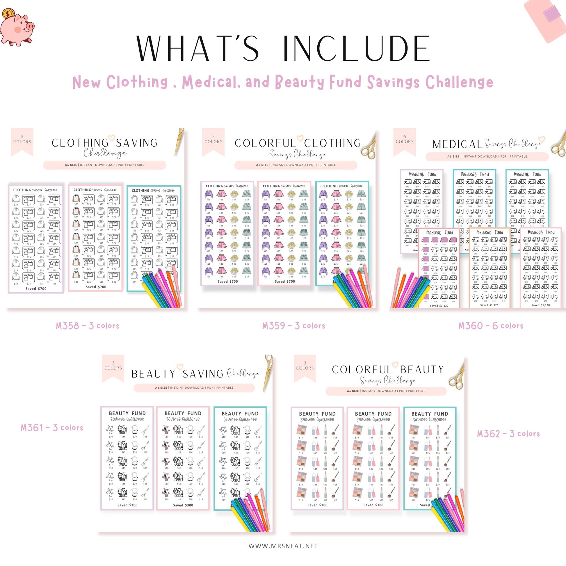 Collection of savings challenge charts for clothing, medical, and beauty funds with colorful designs on a white background.