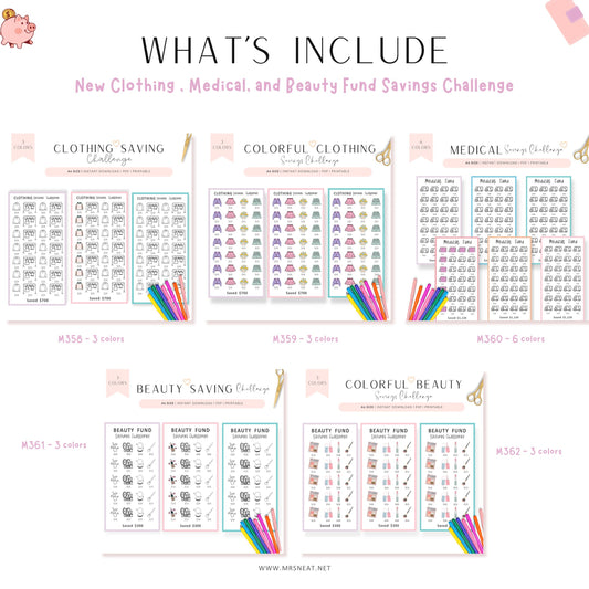 Collection of savings challenge charts for clothing, medical, and beauty funds with colorful designs on a white background.