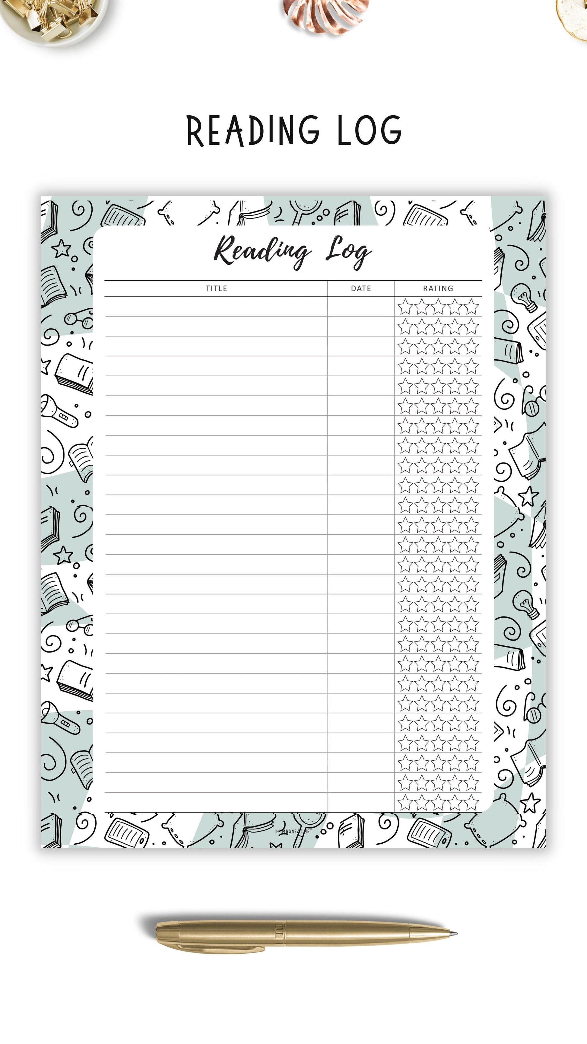 Reading Log Template Printable, 5 colors ; Peach, Green, Blue, Pink, Neutral, 4 sizes ; A4, A5, Letter, Half Letter, Digital Planner