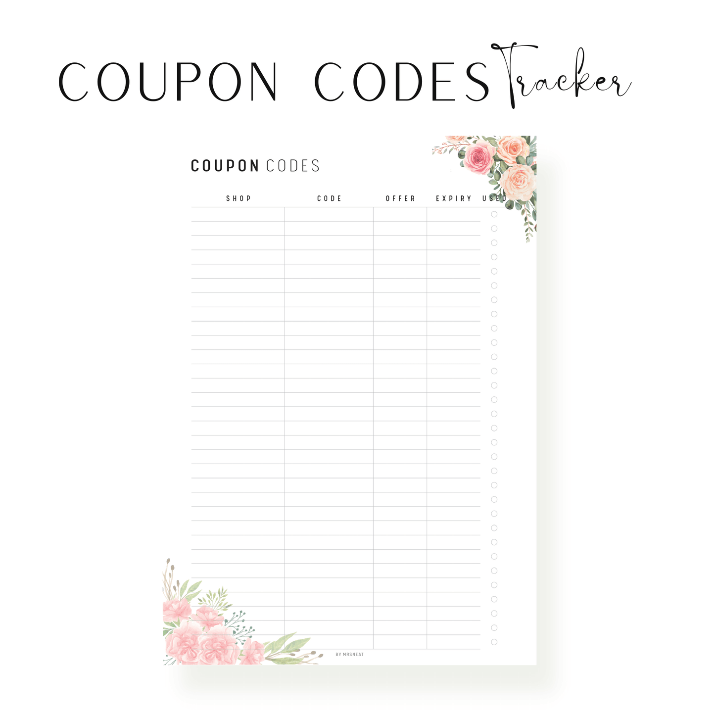 Floral Coupon Code Tracker Printable