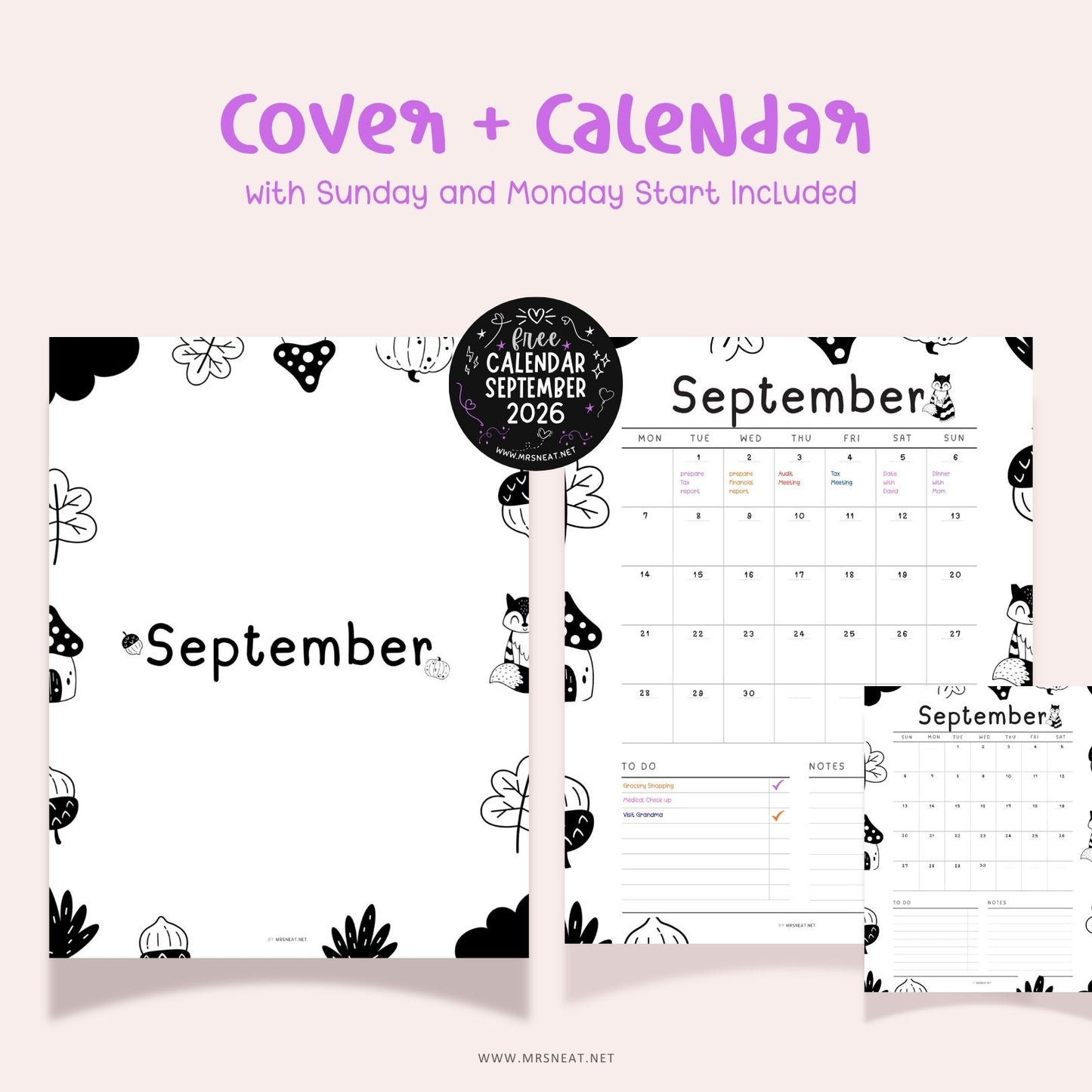 September 2026 printable calendar with Sunday and Monday start options