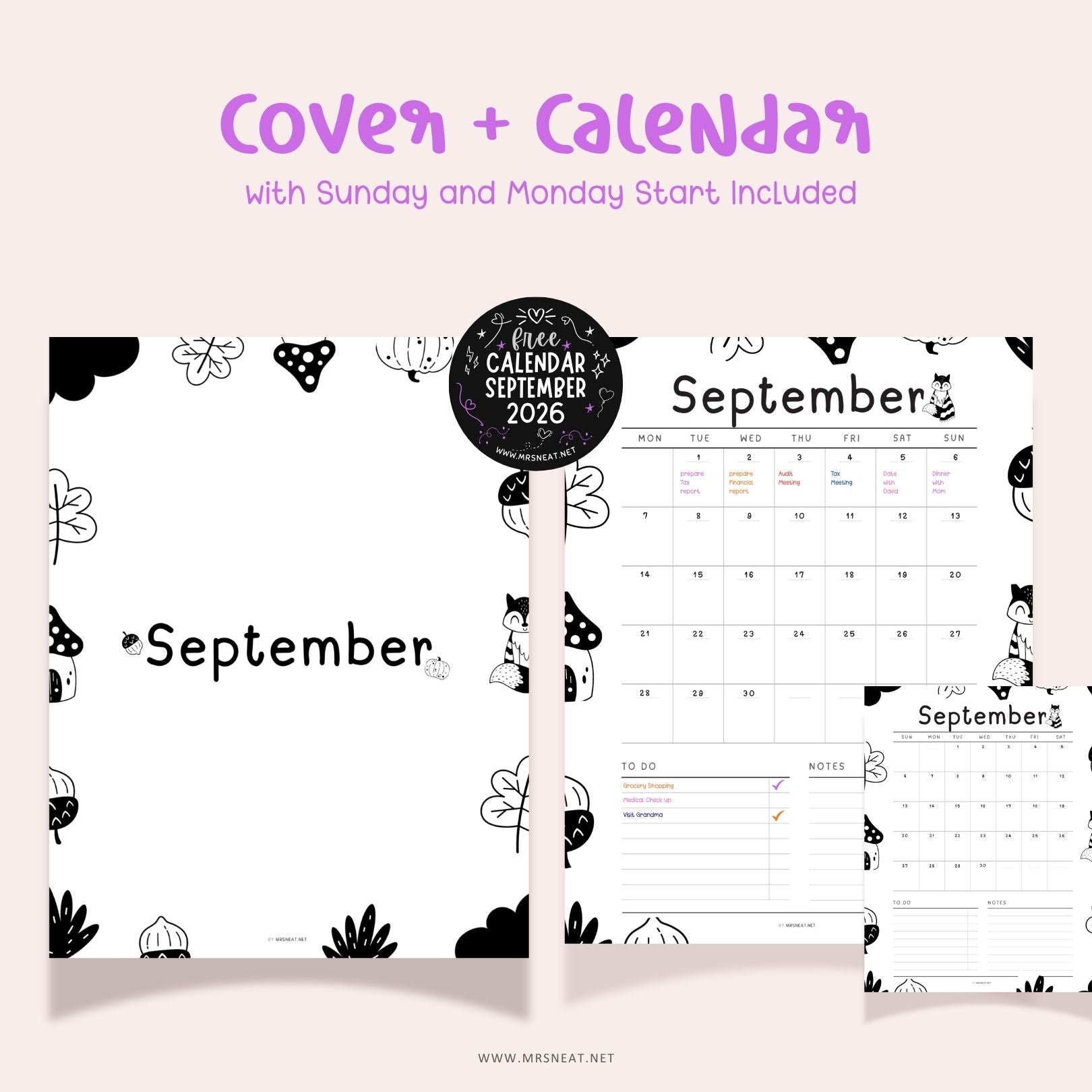 September 2026 printable calendar with Sunday and Monday start options