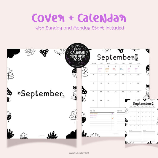 September 2026 printable calendar with Sunday and Monday start options