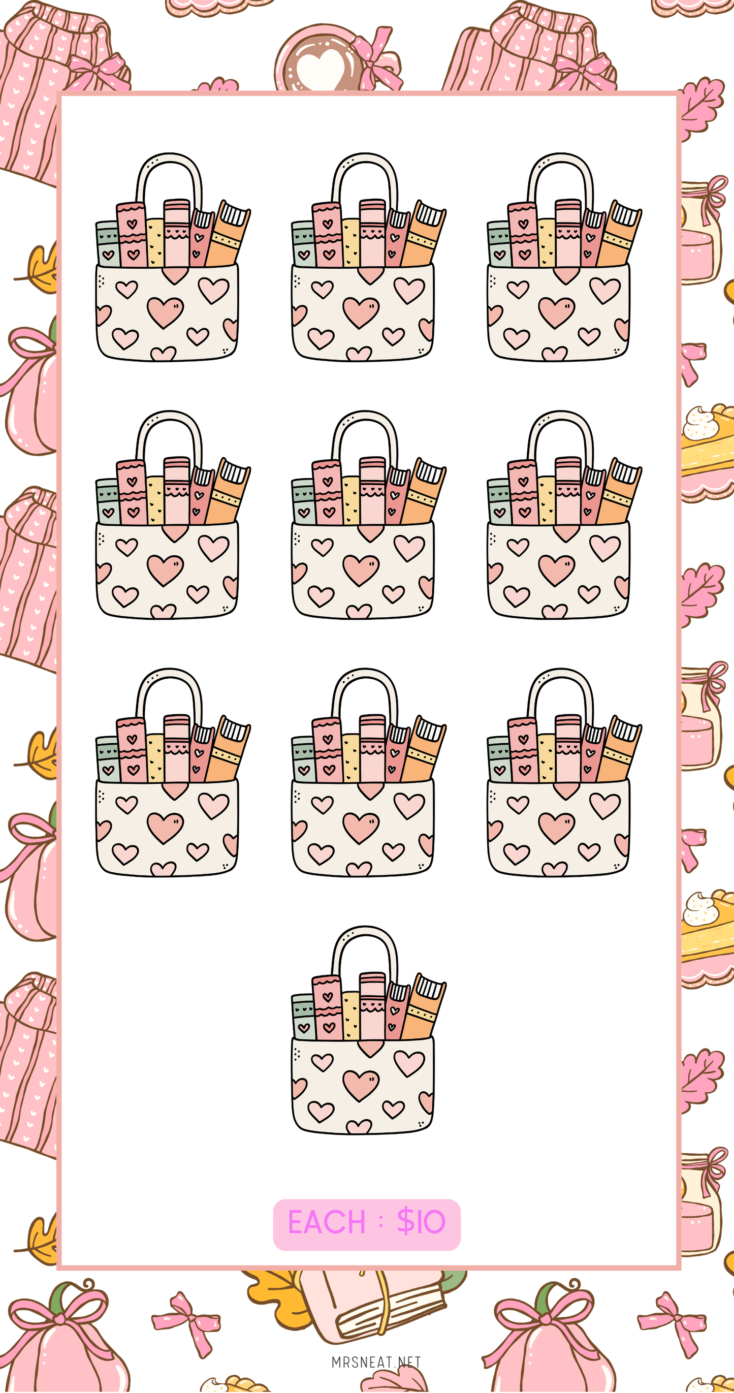 Pattern of bags with heart designs and stationery items on a white background.
