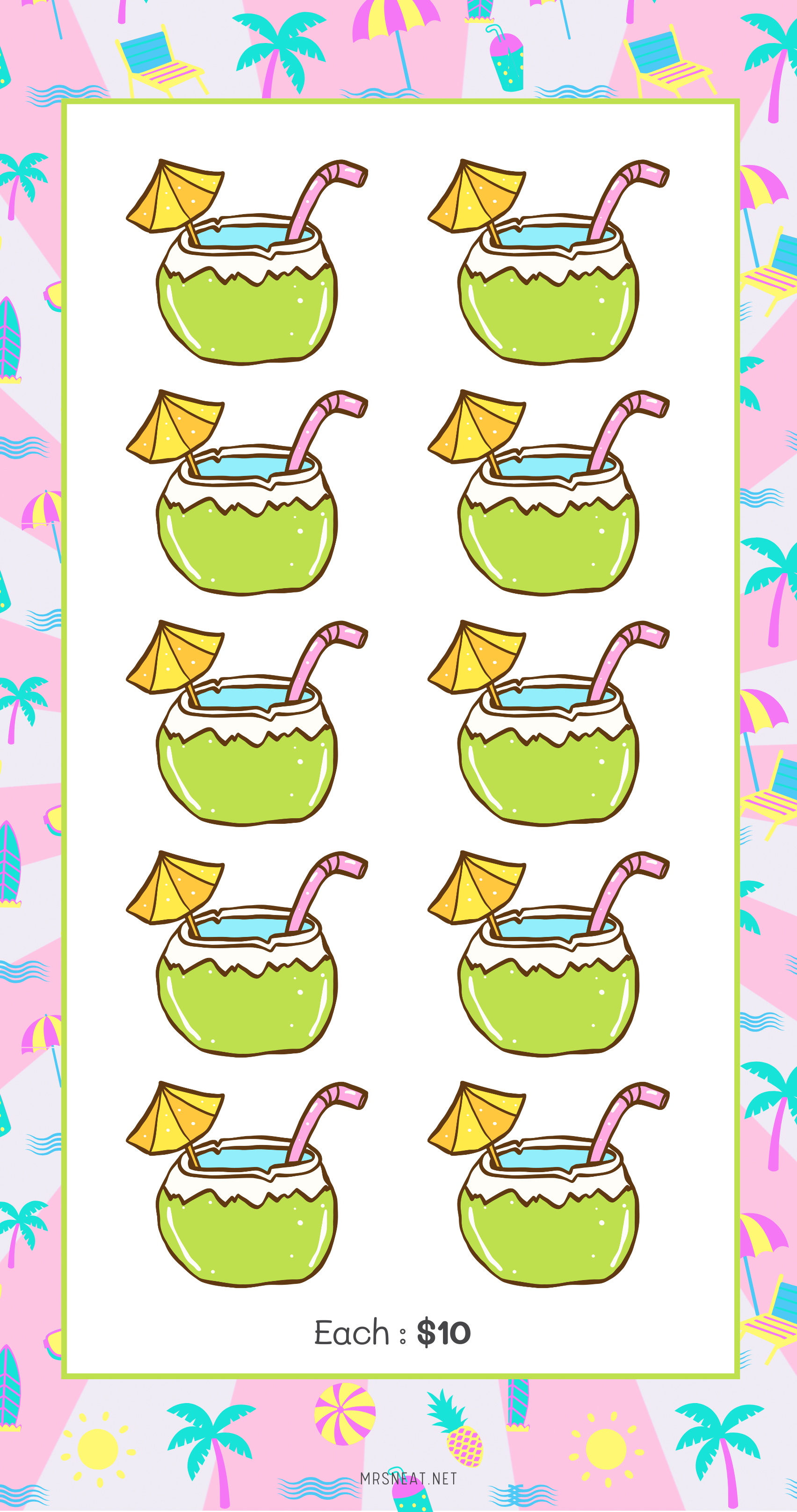 Sticker sheet with coconut drinks and straws on a colorful background