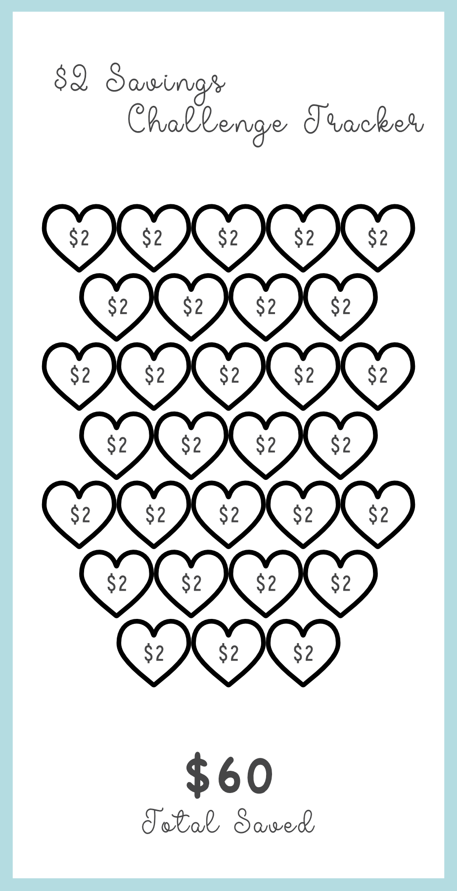 Savings challenge tracker with heart icons for $2 savings, totaling $60.